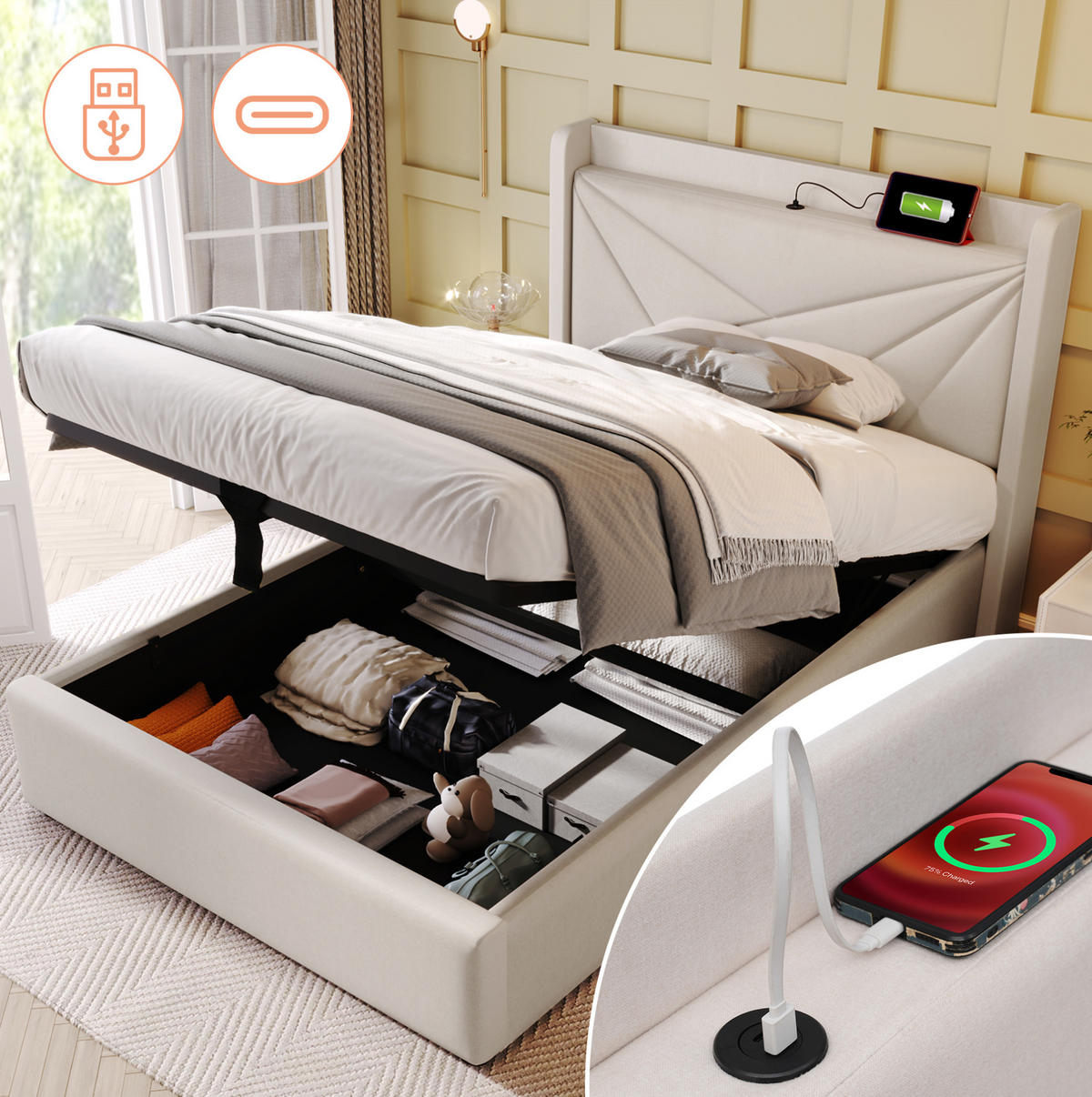 POLSTERBETT 90/200 cm mit Bettkasten, USB-C und gepolstertem Kopfteil - Beige, Textil (90/200cm) - BEAOK