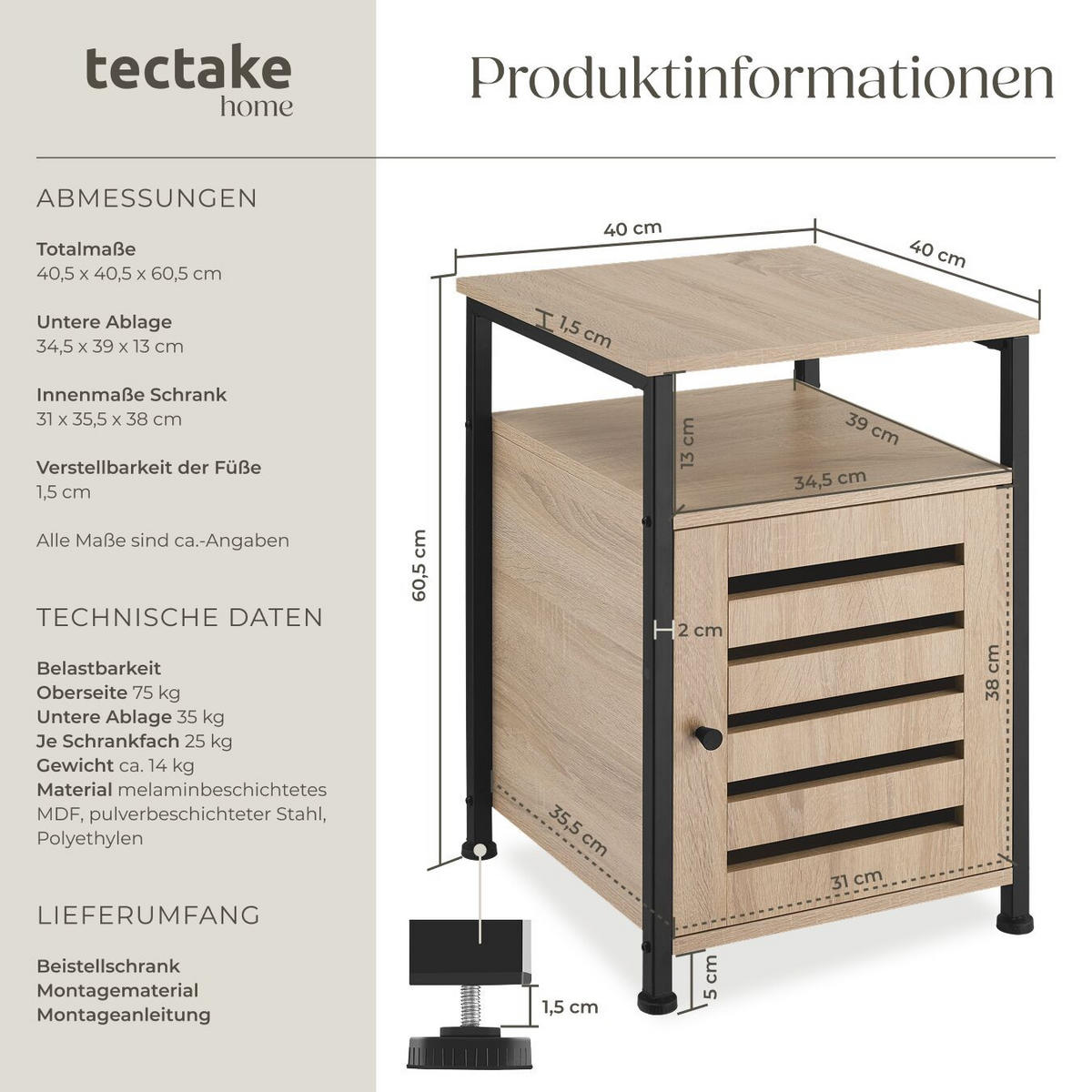 BEISTELLSCHRANK Cork,40,5 x 40,5 x 60,5 cm,Industrial Holz hell, Eiche Sonoma - Naturfarben, Holz (40.5/60.5/40.5cm) - tectake