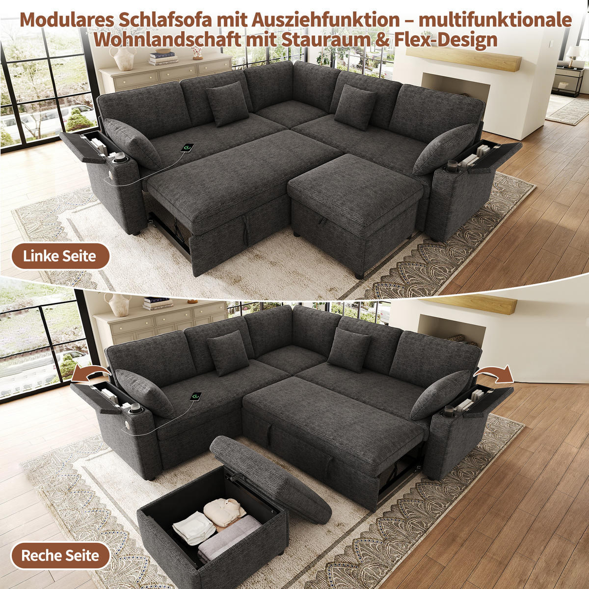 ECKSOFA mit Schlaffunktion Stauraum und USB Type-C - Grau, Textil (204/204cm) - EVRYAE