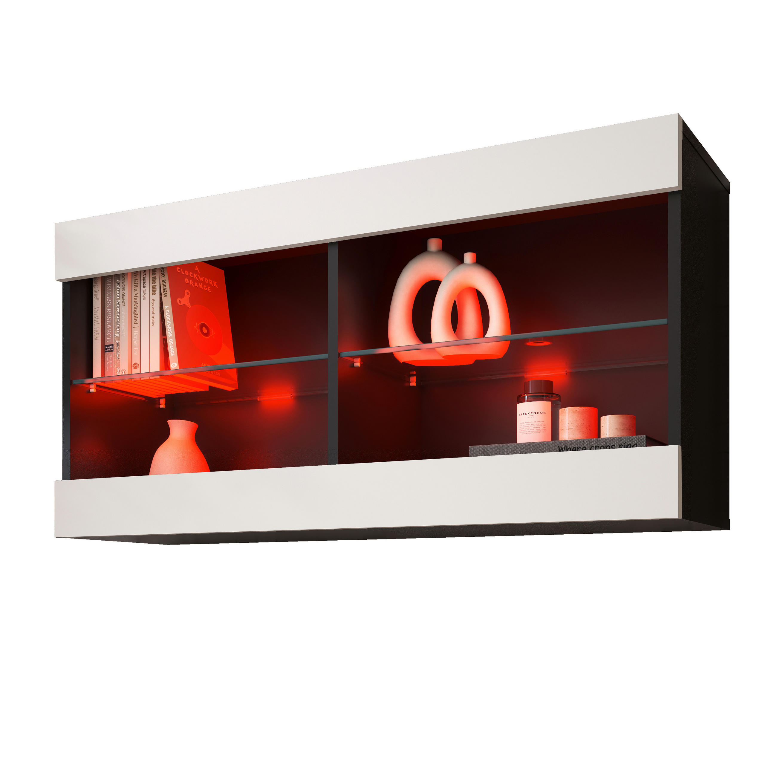 HÄNGEVITRINE TIVOLI HORIZONTAL 100, Weiss, LED Mehrfarbige - Schwarz/Weiß, Glas/Holzwerkstoff (100/50/29.5cm) - Komodee
