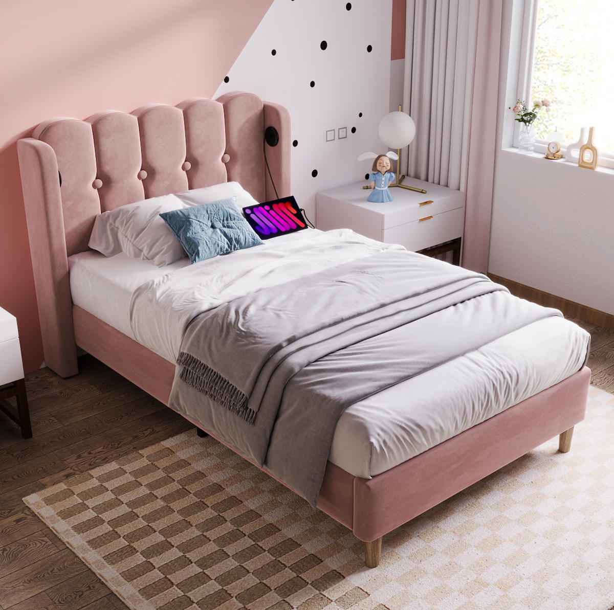 POLSTERBETT 90/200 cm Rosa mit USB- und Type-C-Anschlüssen - Rosa, Textil (90/200cm) - OKWISH