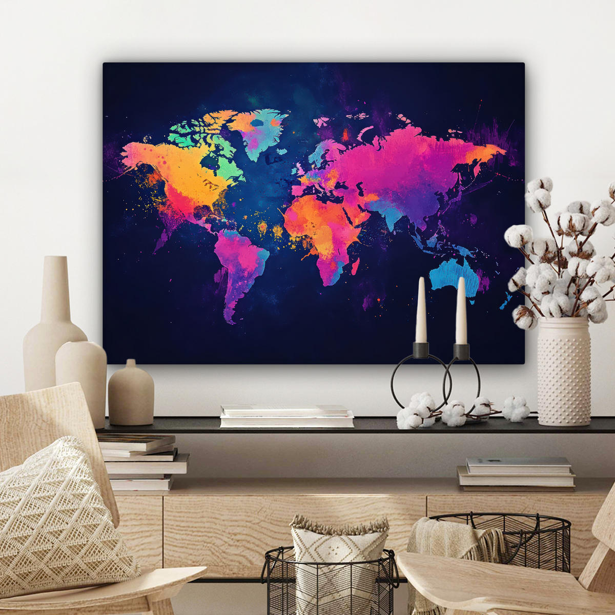 LEINWANDBILD Weltkarte - Bunt - Graffiti Wandbilder 80x60 cm - Multicolor, Textil (80/60cm) - MuchoWow