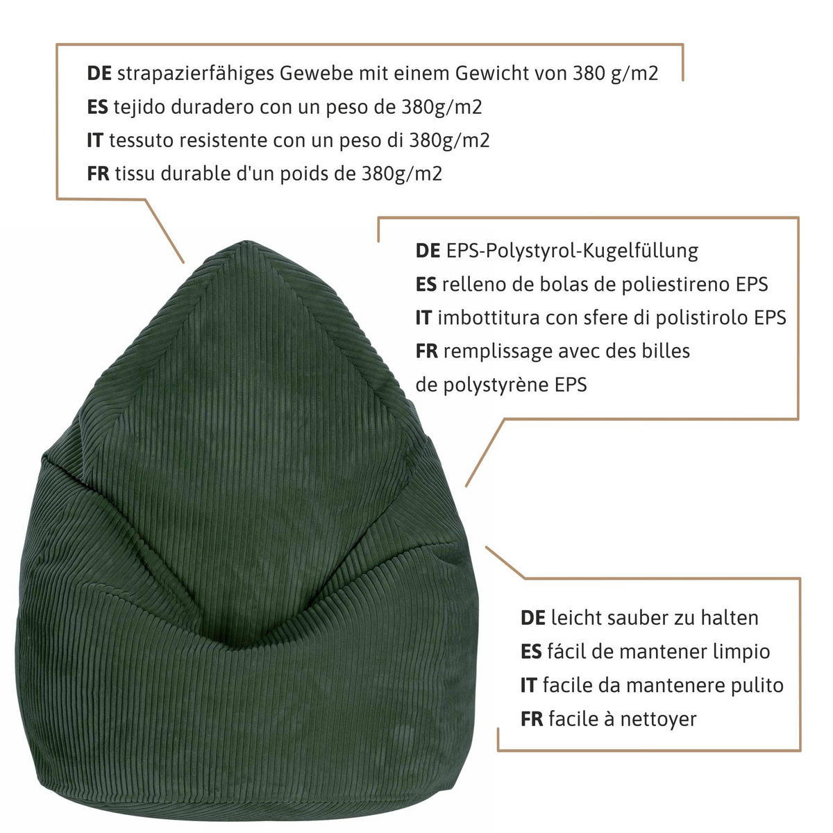 SITZSACK MIT FUßSTÜTZE Kordsamt 2-tlg Forest Symphony M - Jadegrün, Textil (80/120/80cm) - Dreamroots