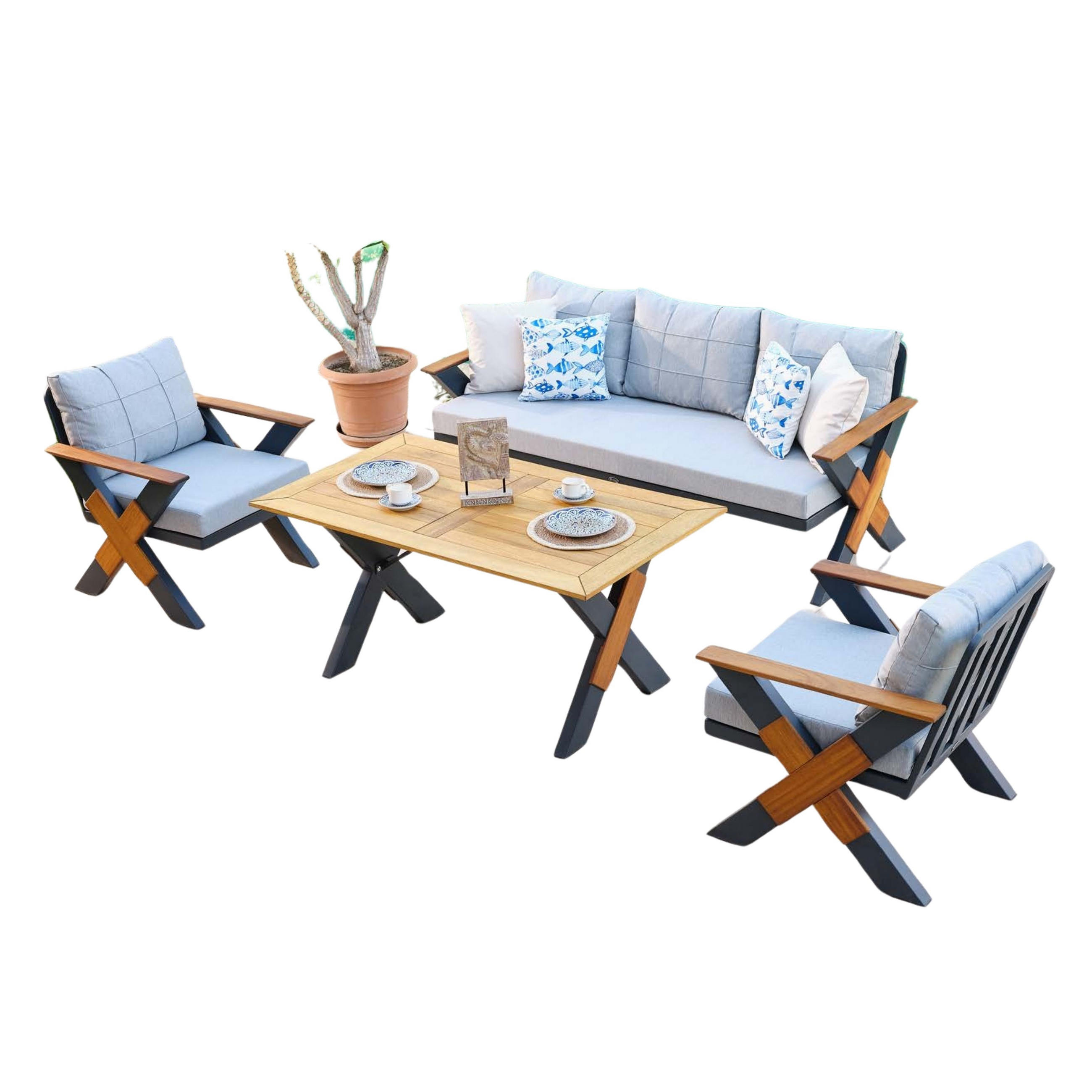 GARTENMÖBEL-SET 4-tlg. aus Irokoholz Lotus Anthrazit - Anthrazit, Holz/Metall - Gowoll