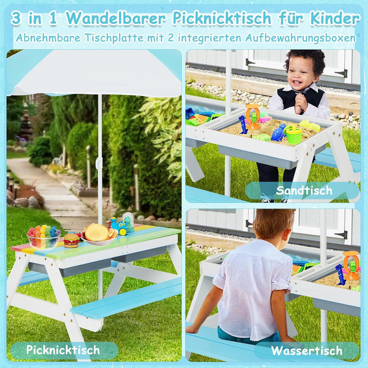 KINDERTISCH mit Sonnenschirm blau - Blau, Holz - COSTWAY