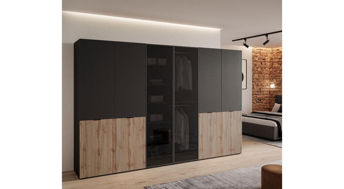 KLEIDERSCHRANK SANDBOX LOFT 300 303/49/200 cm Schwarzgraphit / Schwarzgraphit + Eiche Wotan + Schwarzes Glas ohne LED ohne Zusatzböden - Eiche Wotan/Schwarz, Holzwerkstoff/Kunststoff (303/200/49cm) - Lookway