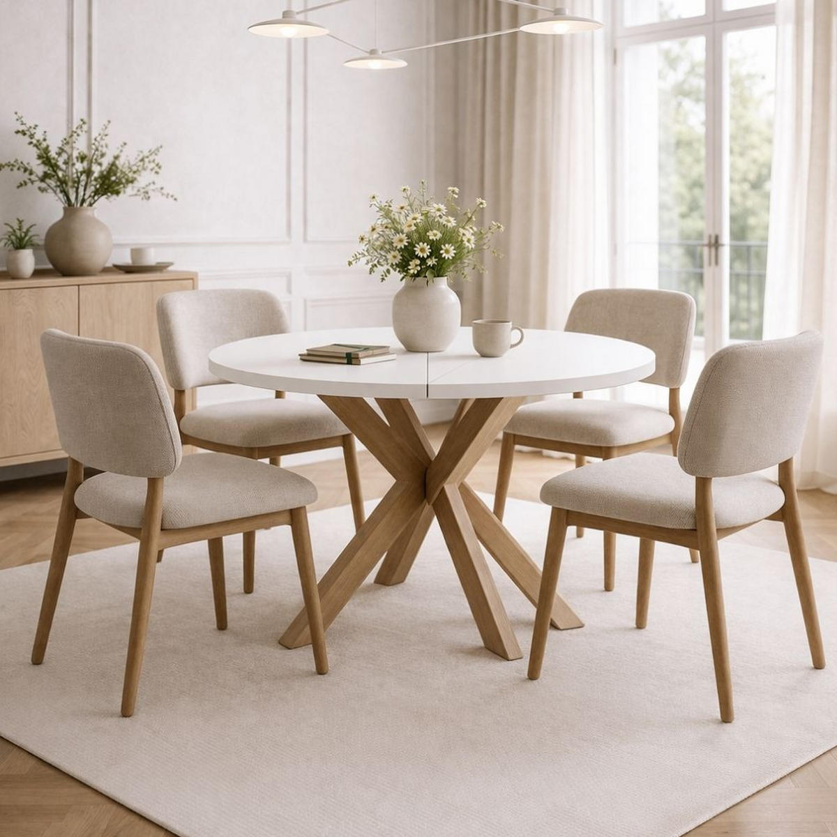 ESSTISCH RAL mit Holzbeinen, Durchmesser: 100 / 200 cm Weiß / Buche Natur - Buchefarben/Weiß, Holz (100/200/77cm) - Dekori_Interiors