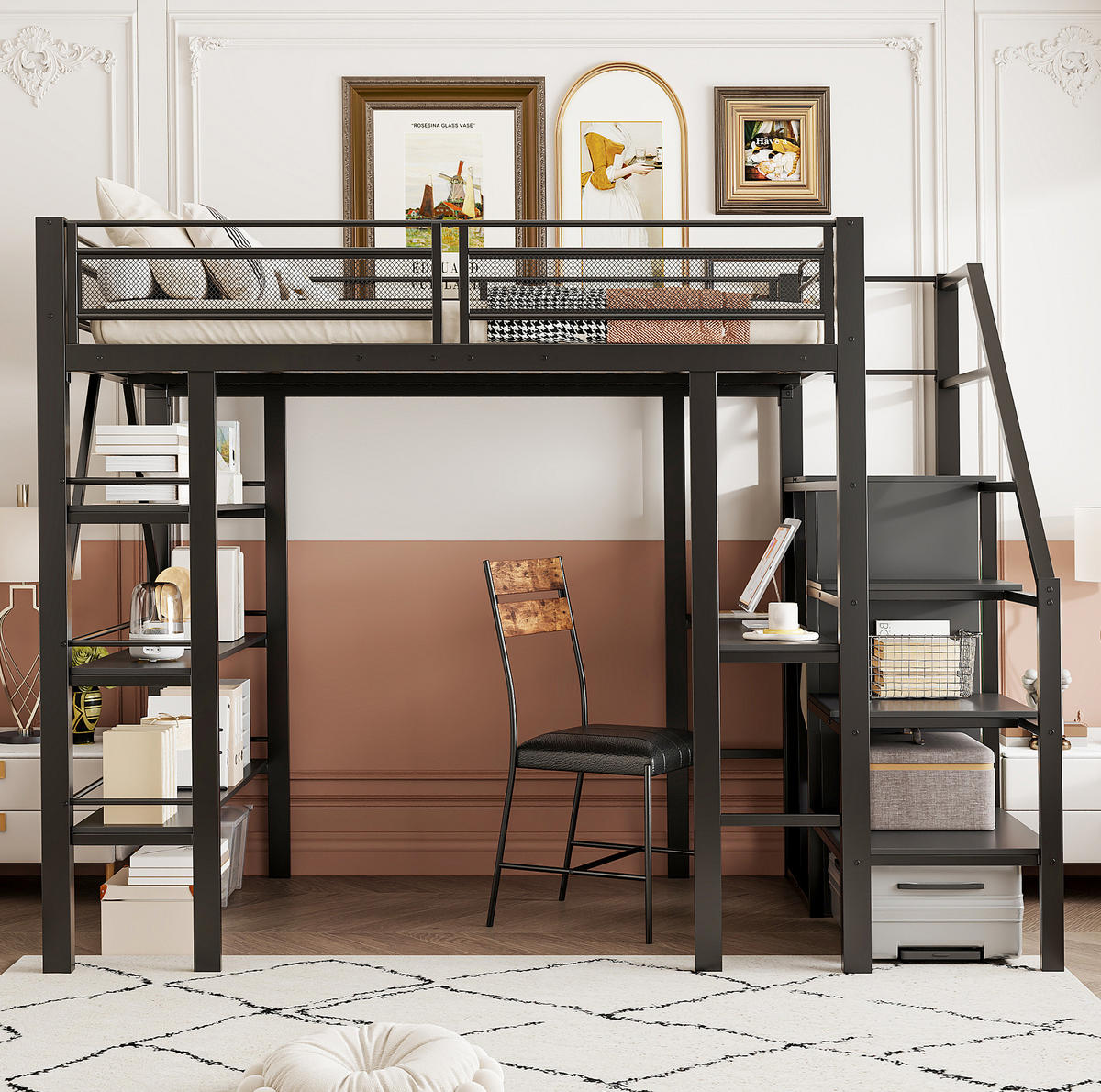HOCHBETT 140/200 cm aus Metall mit Schreibtisch, Regal und Kleiderschrank Schwarz - Schwarz, Metall (140/200cm) - Modenvie