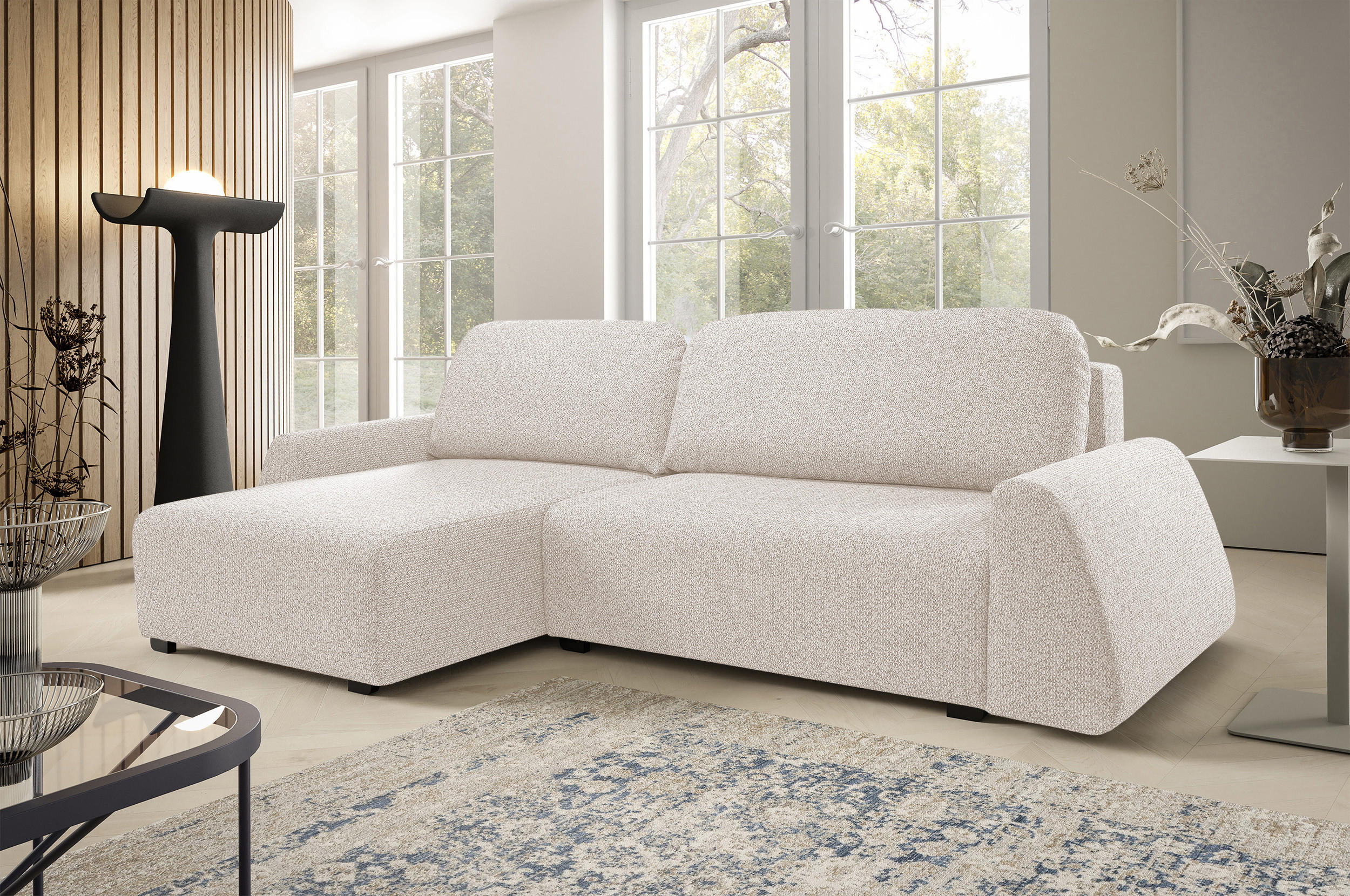 ECKSOFA ALMI mit Schlaffunktion, Bettkasten, Wellenfedern Komfortable Sitzpolsterung Elegantes Design Linke, 160x275 cm Beige - Beige, Holz/Textil (160/275cm) - DomoHome
