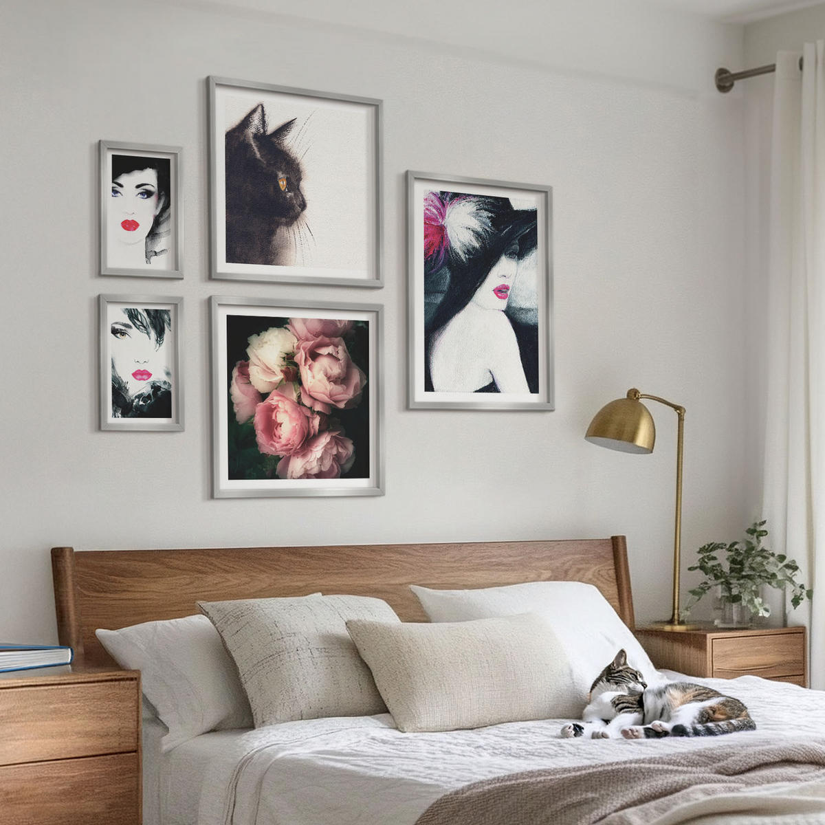 WANDBILDER 5er Set - 50x50 cm & 20x30 cm & 40x60 cm Silberner Rahmen - Boho-Buch mit Muscheln - Silberfarben, Kunststoff (40/60cm) - ArtPrintCave