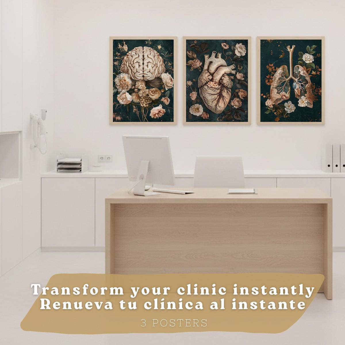 POSTER Set aus 3 Anatomie Drucke und Dekorative Wandbilder mit Herz Gehirn Lungen Atmungssystem Florales Grün Gold Design Größe Leichter Holzrahmen A3 - Beige, Papier (29.7/42/3cm) - Nacnic