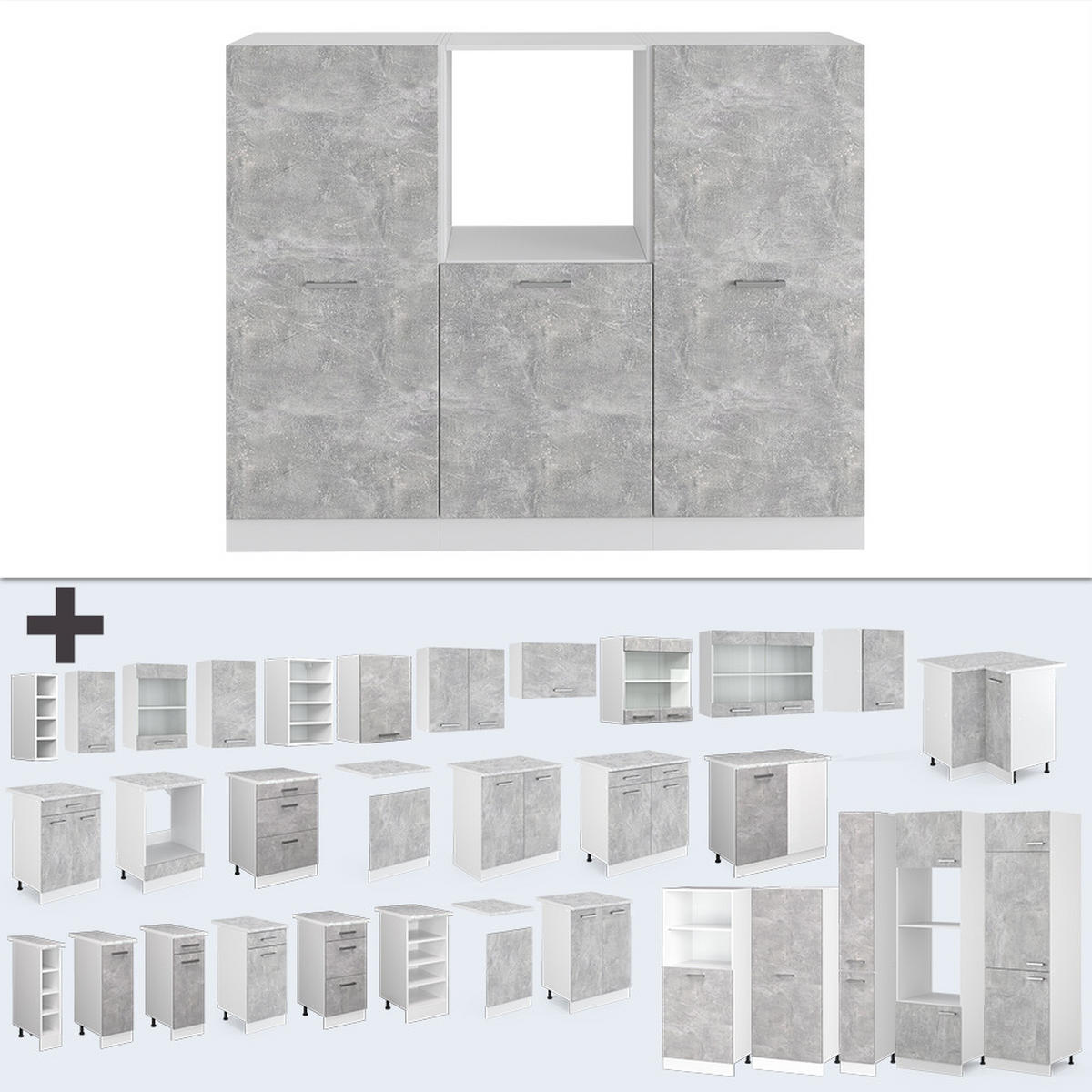 KÜCHENBLOCK R-Line Beton/Weiß 180 cm ohne AP - Schieferfarben/Weiß, Holzwerkstoff (180/81.6/46cm) - Vicco