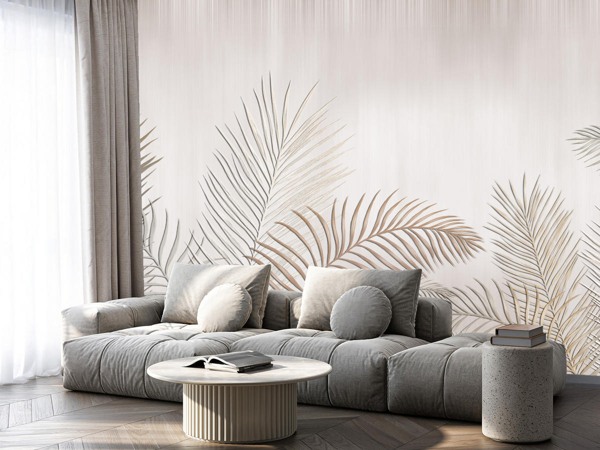 FOTOTAPETE für Schlafzimmer Beige Palmenblätter Delikat 450x315 - Beige/Braun, Papier (450/315cm) - Muralo