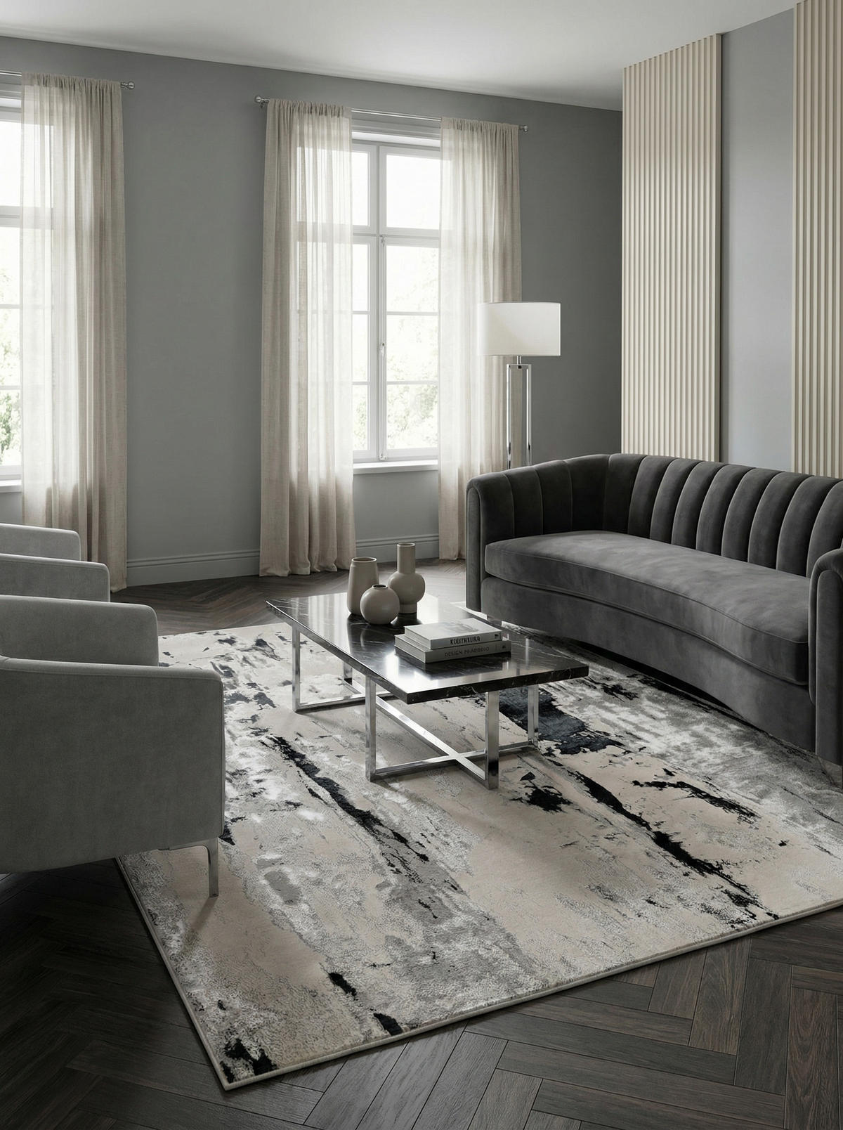 TEPPICH Velours kurzflor mit Metallic-Akzenten Gletschermuster COMO-Tremezzo, Silbergrau 200x290 cm - Grau, Textil (200/290cm) - KADIMA DESIGN