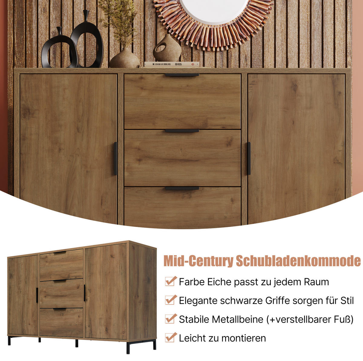 KOMMODE aus Spanplatte 120x40x76 cm Dunkle Eiche mit 2 Türen, 3 Schubladen und höhenverstellbarem Einlegeboden - Nussbaumfarben, Holzwerkstoff (120/76/40cm) - Modfu