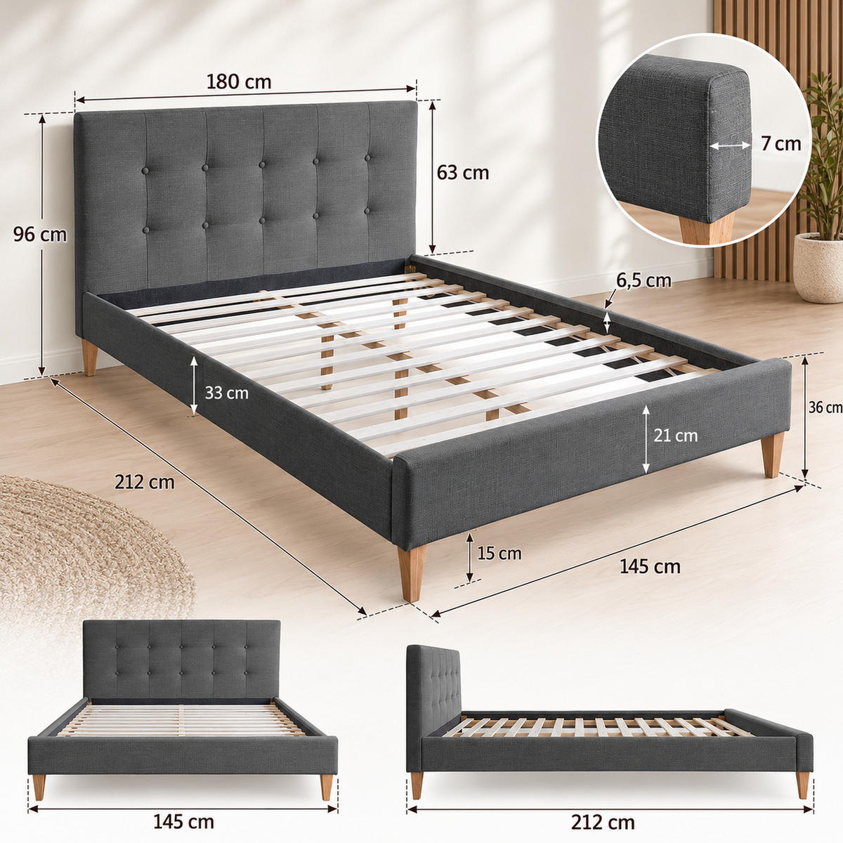 POLSTERBETT mit Lattenrost 180/200 cm in Grau - Grau, Textil (180/200cm) - Homestyle4u