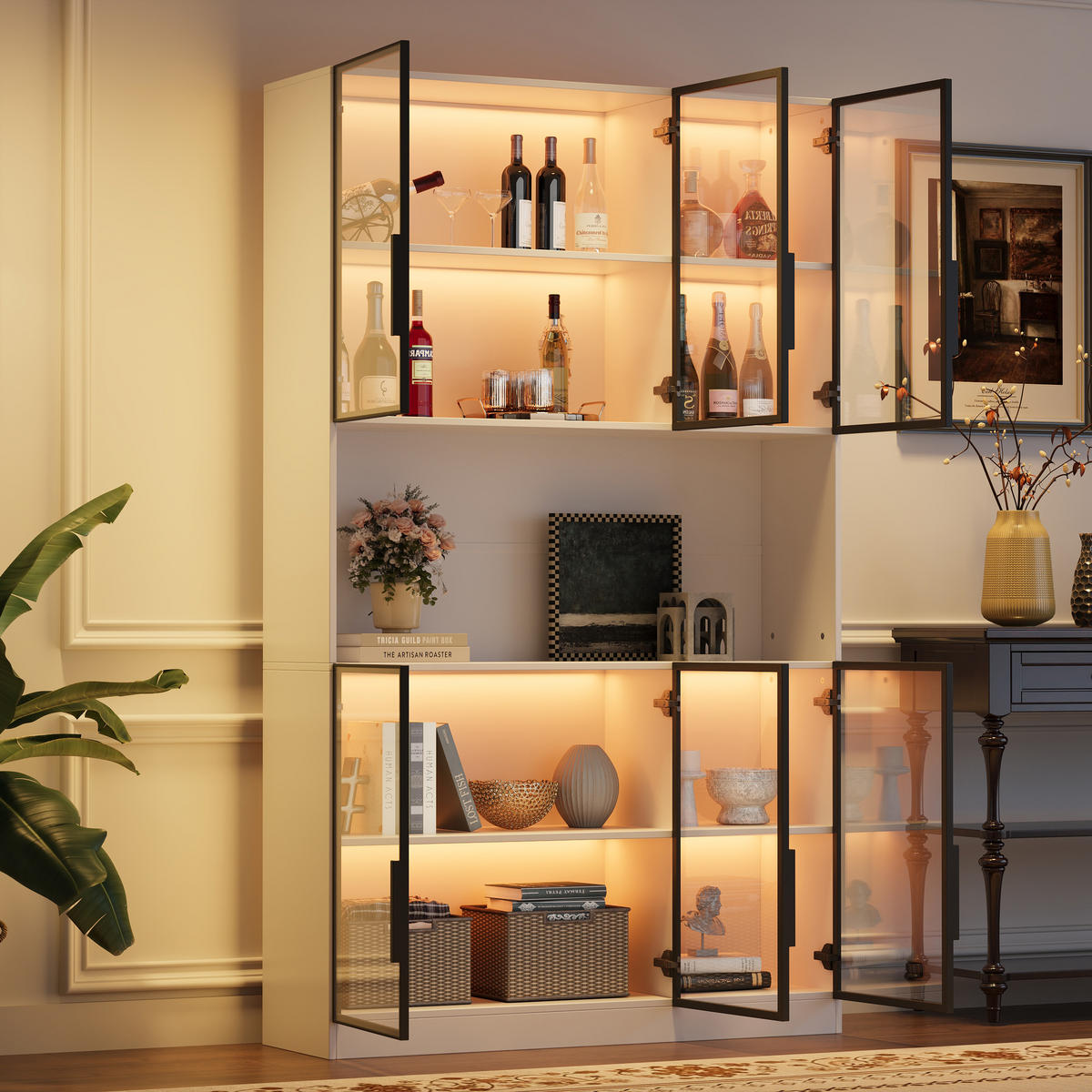 VITRINE 120/34/200 cm weiß aus MDF und Glas mit LED und 6 Türen - Weiß, Holzwerkstoff (120/200/34cm) - OKWISH