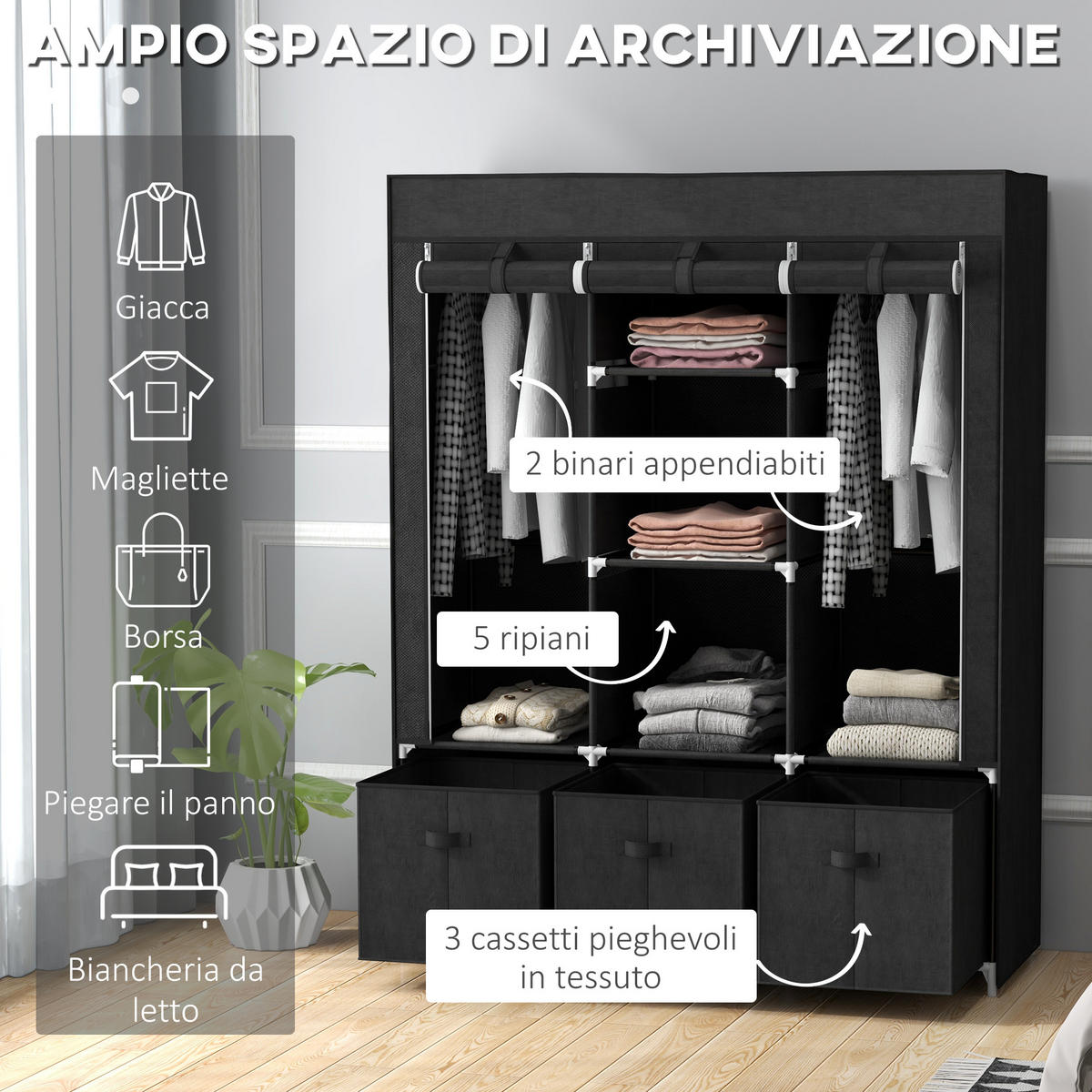 STOFFSCHRANK Schwarz 1 Stück - Schwarz, Metall (125/162.5/43cm) - GiPP