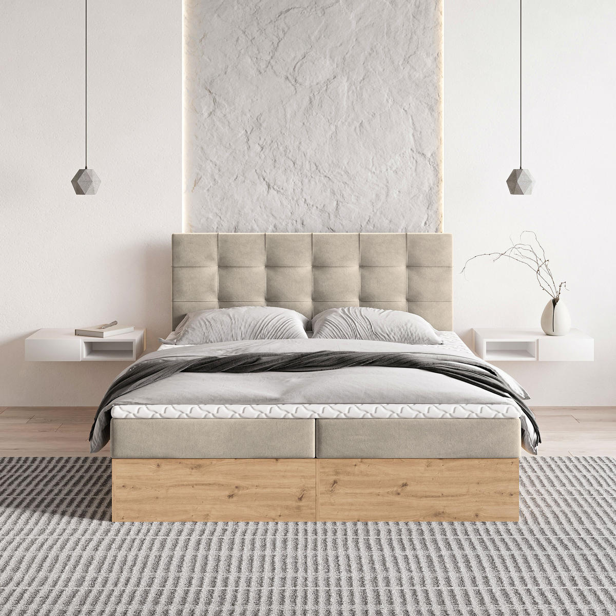 BOXBETT MOLVEN 180x200 cm mit Matratze und Topper - Beige - Beige, Holz (180/200cm) - MASSENO