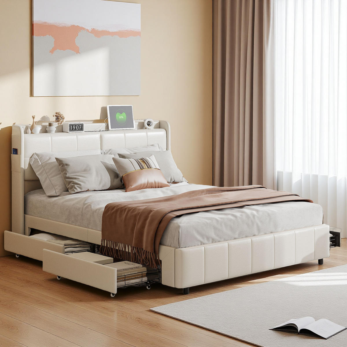 POLSTERBETT 160x200cm mit LED, USB & 4 Schubladen, Stauraumbett, Weiß - Weiß, Holz (160/200cm)