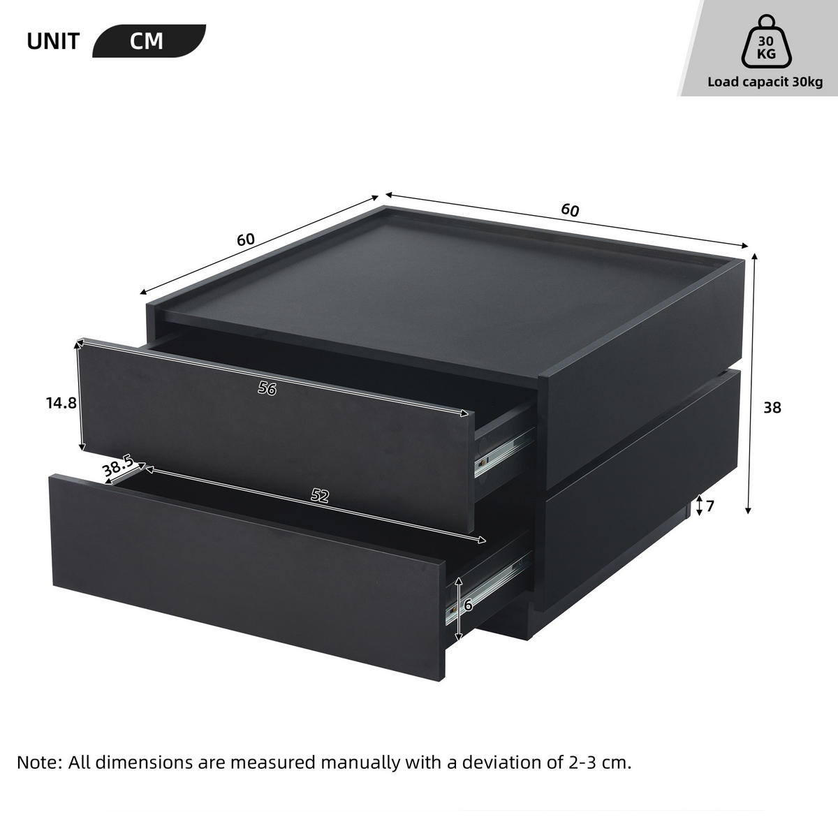 COUCHTISCH, 360° drehbar, 2 Schubladen, Spanplatte in Schwarz, 60/60/38 cm,Schwarz - Schwarz, Holzwerkstoff (60/60/38cm) - Redom