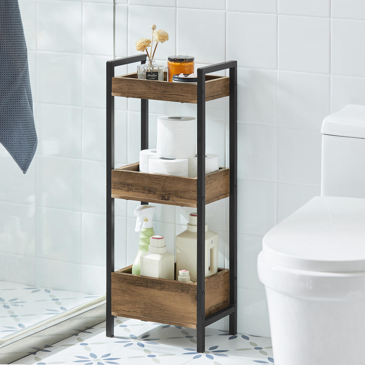 BADREGAL mit 3 Ablagefächern, bis 30kg Tragkraft, 28x74x20cm - Braun, Holzwerkstoff (28/74/20cm) - SoBuy
