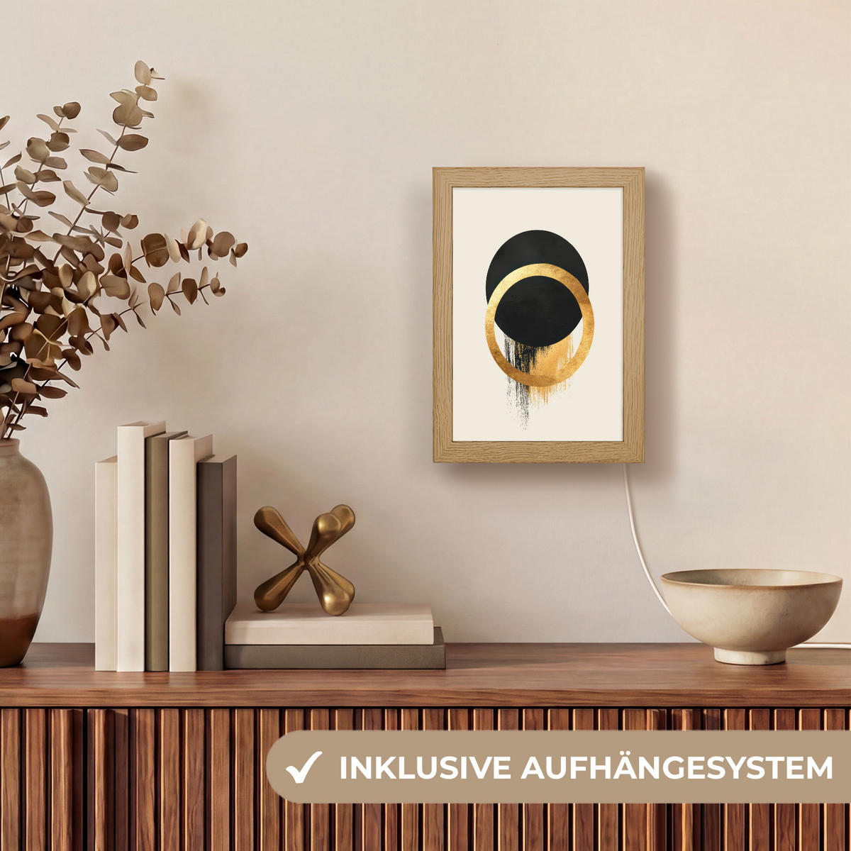 NÁSTĚNNÁ LAMPA Abstraktní design - Černý kruh - Skvrny od barvy 15x20 cm - krémová, kompozitní dřevo (15/20/8cm) - OnlyWow