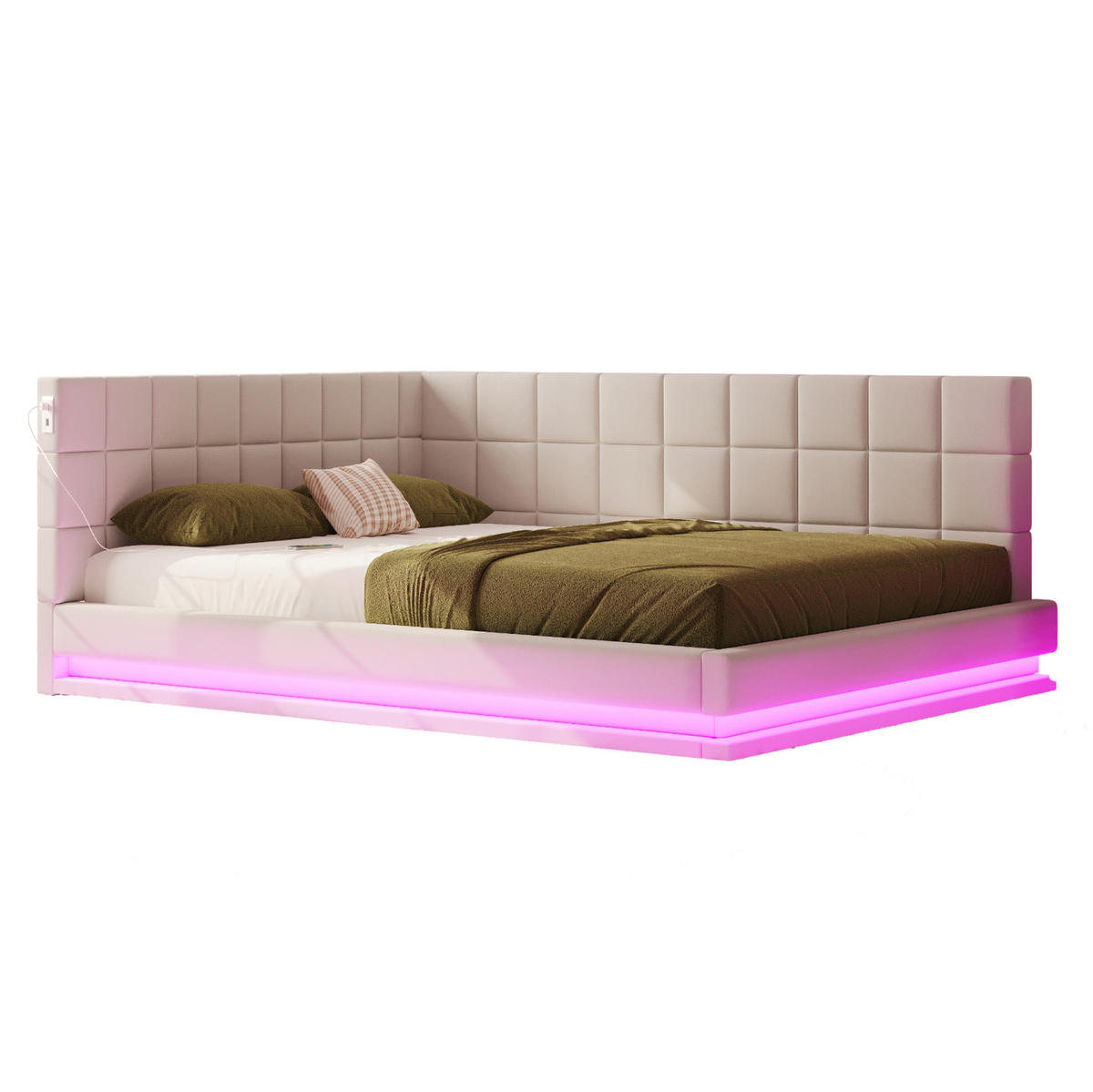 SCHLAFSOFA 160/200 cm mit LED-Beleuchtung, USB-Anschluss und Lattenrost, Leinenstoff, Beige - Beige, Textil (206/63/167cm) - Redom