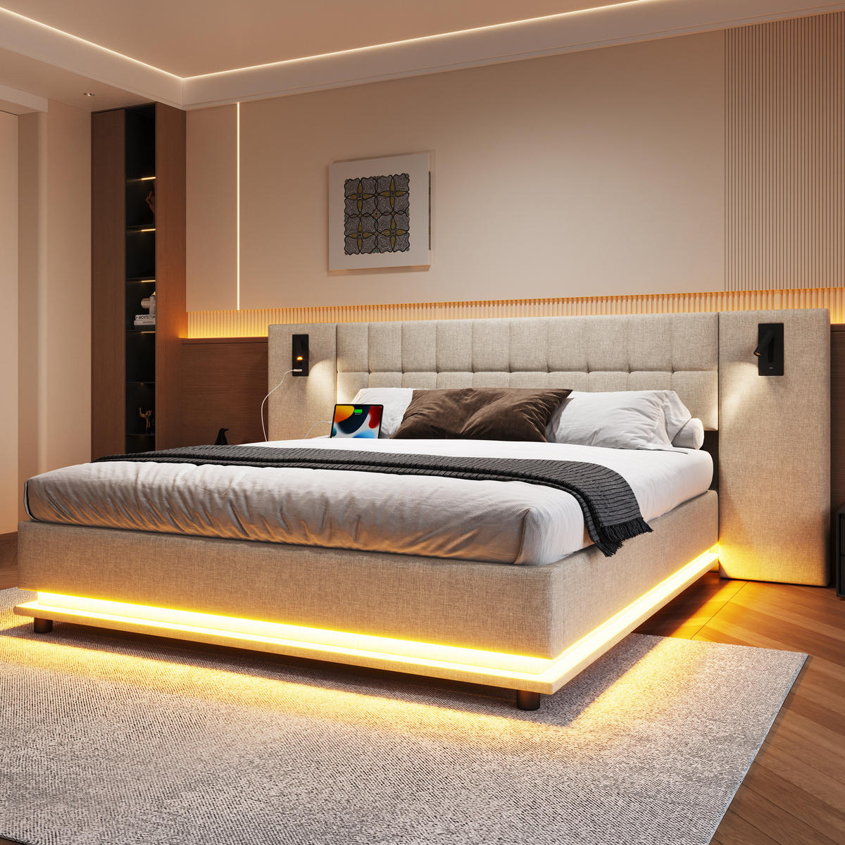 POLSTERBETT 180/200 cm Beige aus Leinen mit LED-Leiste, Spot und USB - Beige, Textil (180/200cm) - Flora Grace
