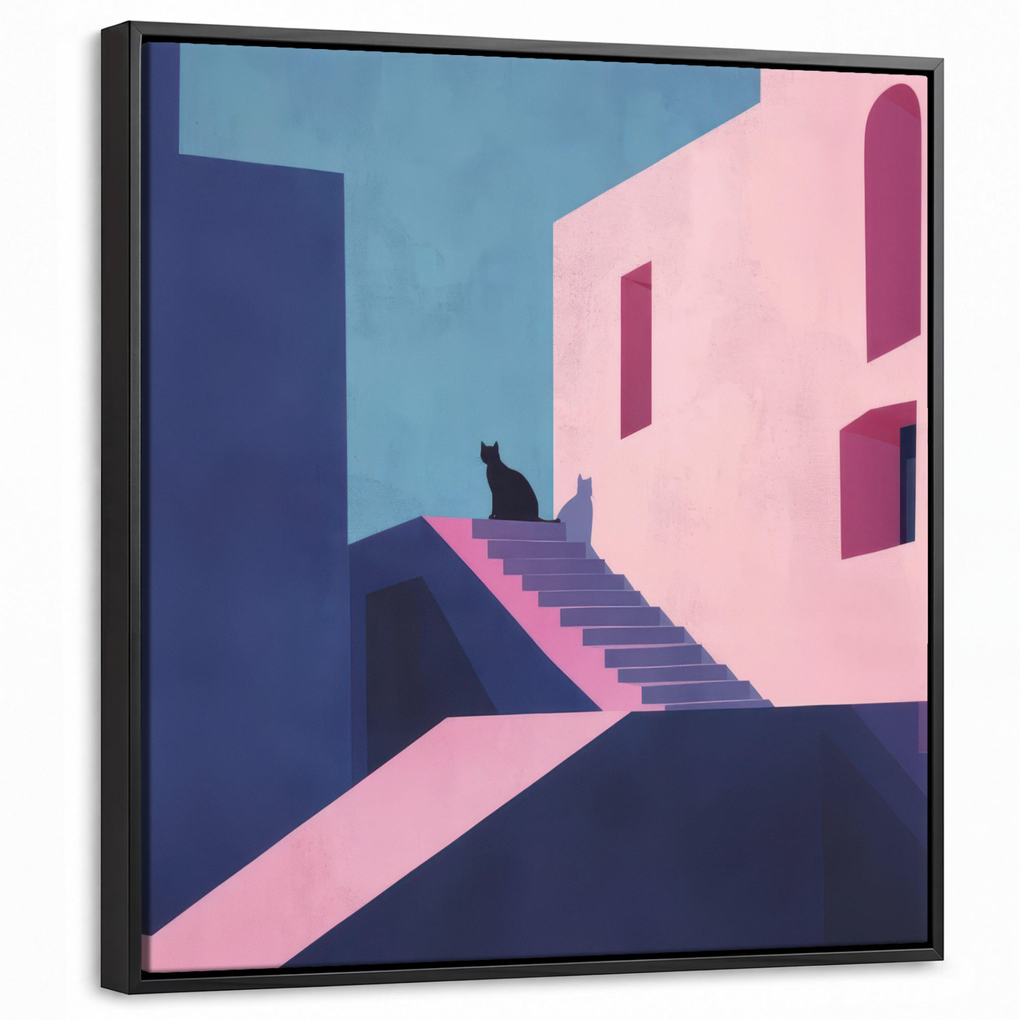 LEINWAND Bilder mit Rahmen - Katze - Treppe - Gebäude - Schattenkontraste - 50x50 - Dunkelblau, Textil (50/50cm) - MuchoWow