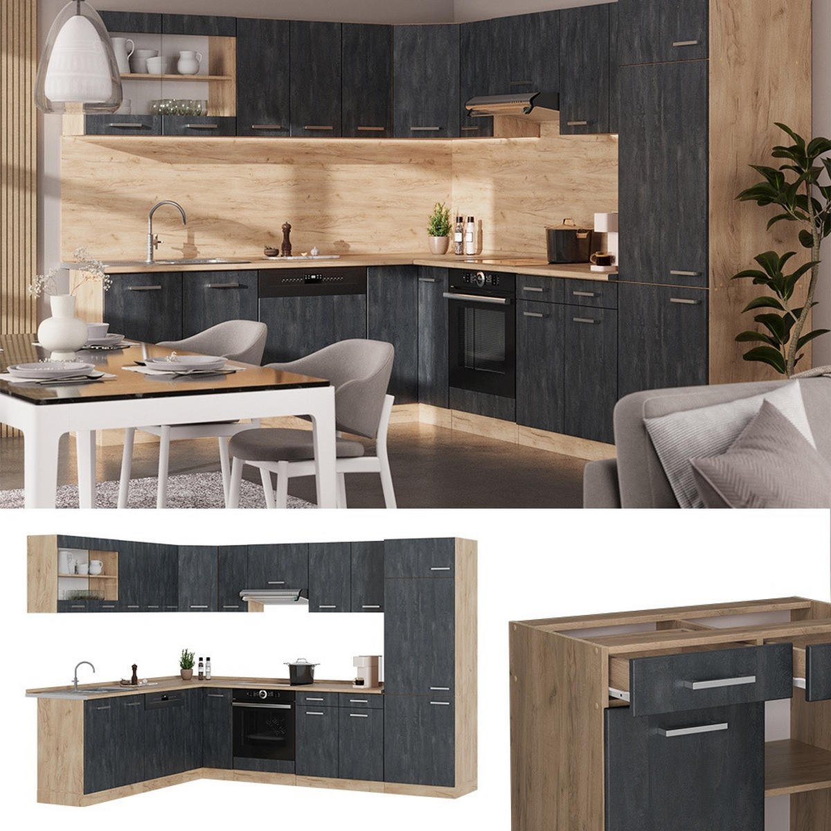 ECKKÜCHE R-Line, Schwarz Beton/Goldkraft Eiche, 287 x 227 cm AP Marmor - Honigeiche/Schwarz, Holzwerkstoff (287/206.8/60cm) - Vicco