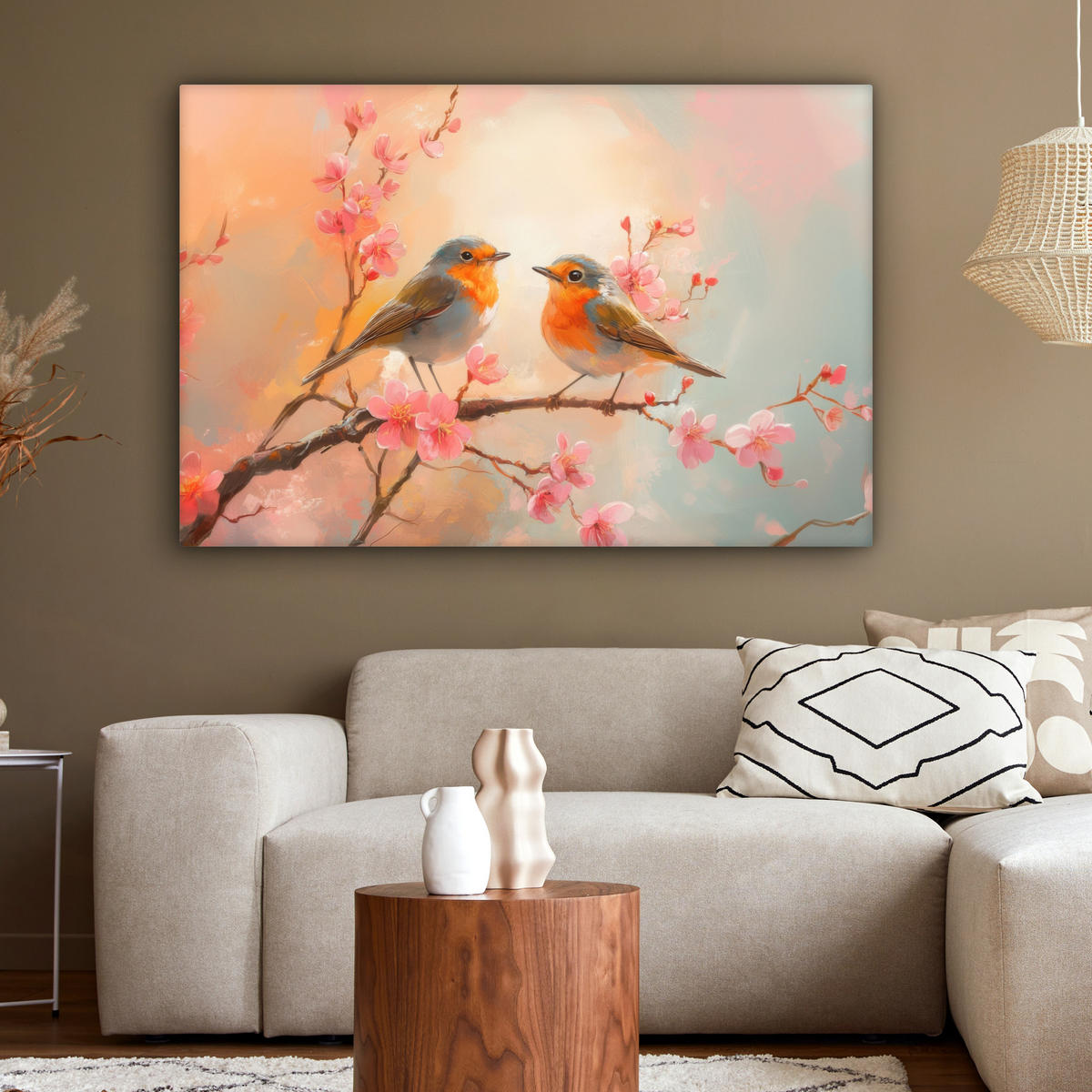 LEINWANDBILD Rotkehlchen - Zierpflanze - Blütenzweig XXL 150x100 cm - Hellrosa, Textil (150/100cm) - MuchoWow