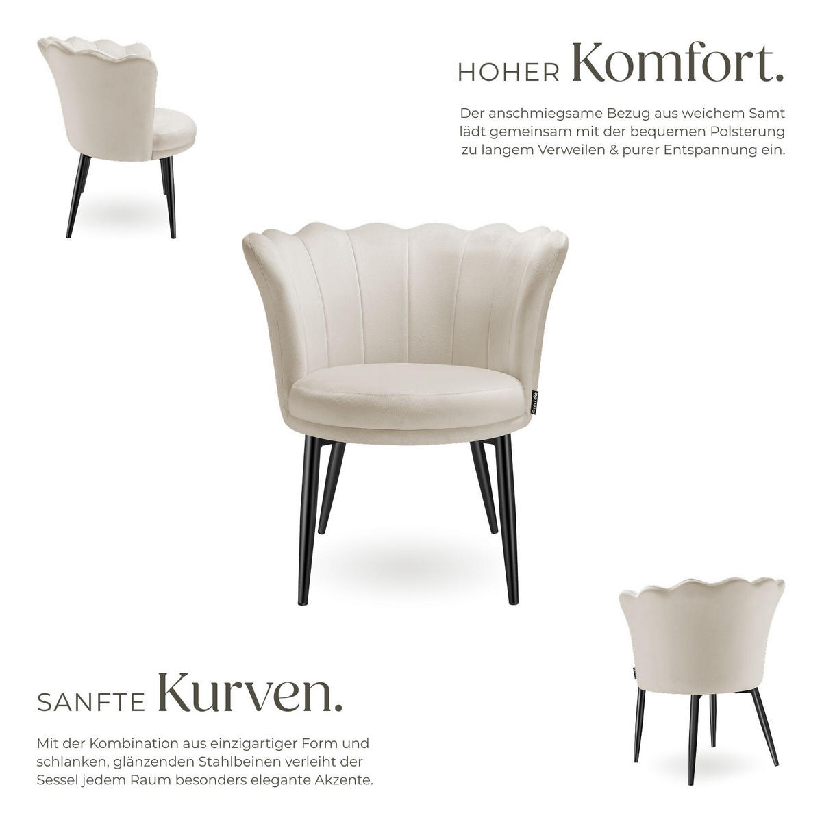 SESSEL Stella,67 x 64 x 76 cm,Samtoptik creme/schwarz - Schwarz/Samtahornfarben, Textil (67/76/64cm) - tectake