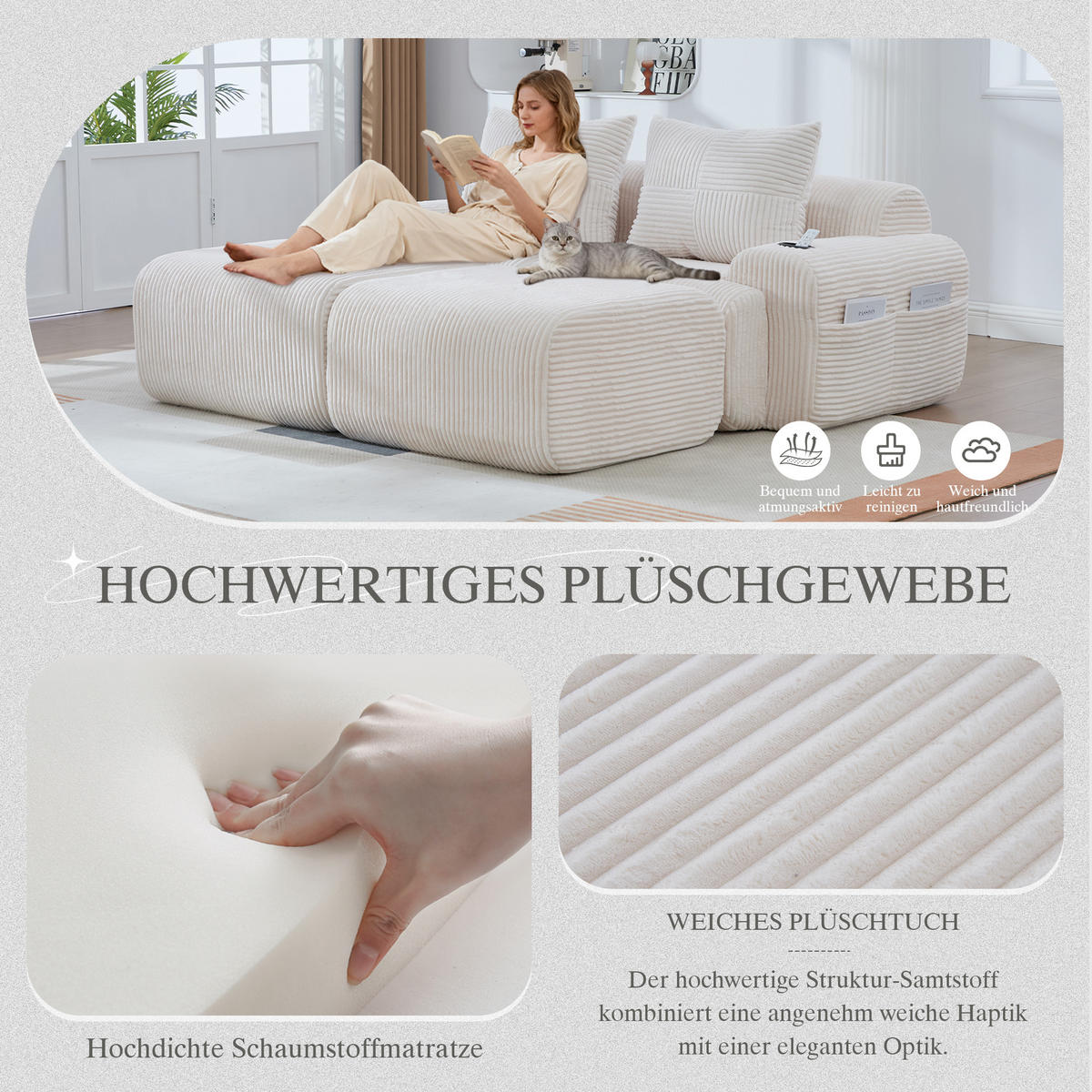 MODULARES 2-Sitzer Sofa Cordstoff mit Getränkehalter und Seitentasche 200/174/80 cm Beige - Beige, Textil (174/80/200cm) - Redom
