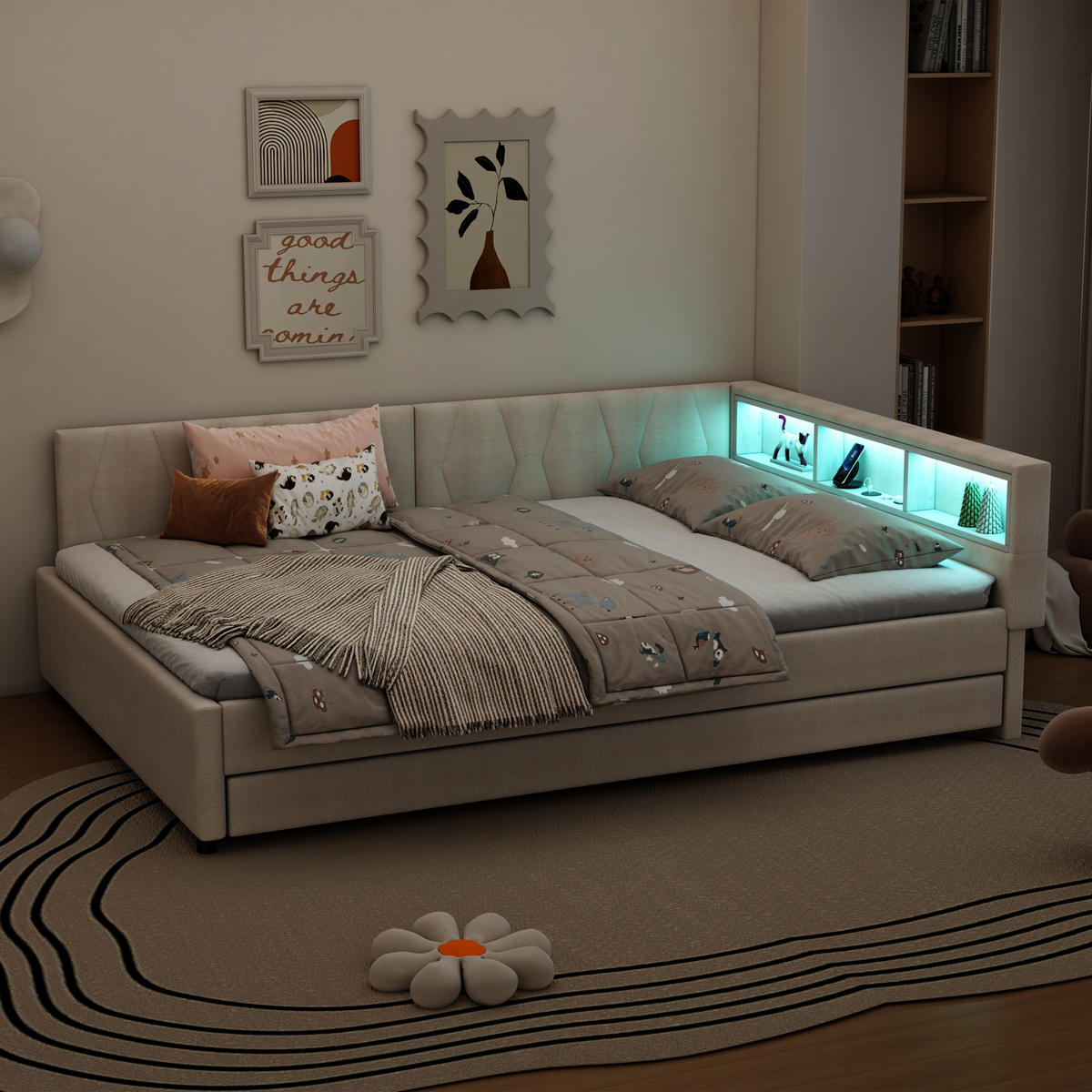 BETT mit Ablagefach und USB-Anschlüssen mit LED-Beleuchtung Leinen Beige 140/200 cm - Beige, Textil (140/200cm) - OKWISH