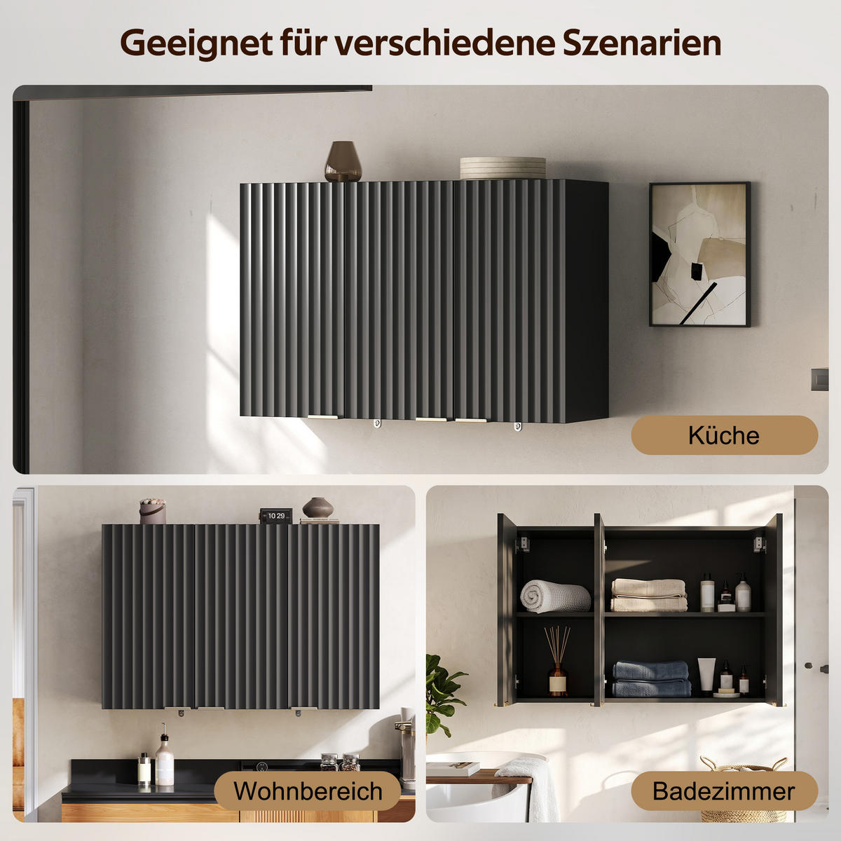 HÄNGESCHRANK DE-38748 90/29/60 cm 3 Türen und Wellenstruktur Schwarz - Schwarz, Holzwerkstoff (90/60/29cm) - ComfortXL