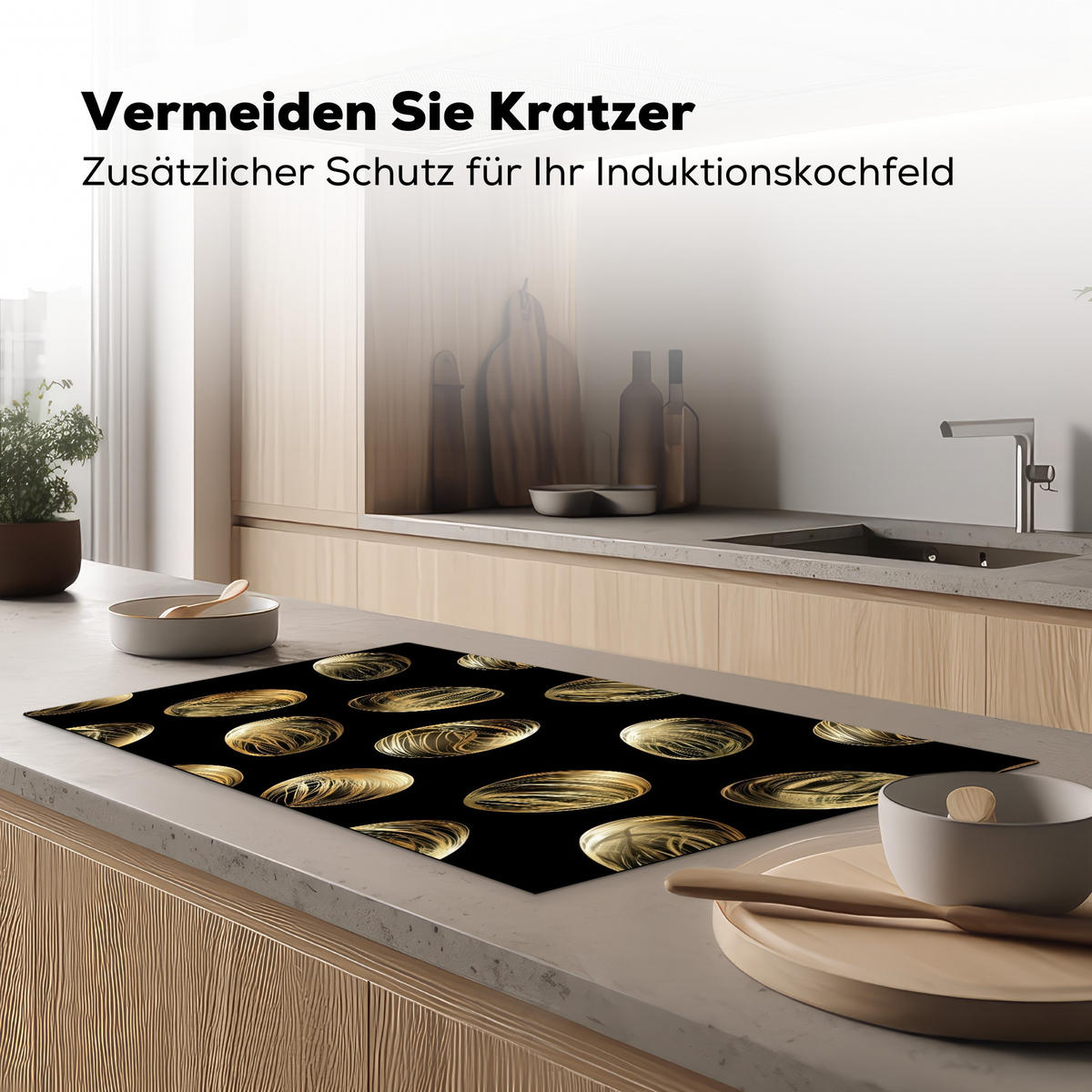 HERDABDECKPLATTE Eier - Gold - Muster Ceranfeldabdeckung 90x52 cm - Schwarz, Kunststoff (90/52/0.2cm) - MuchoWow