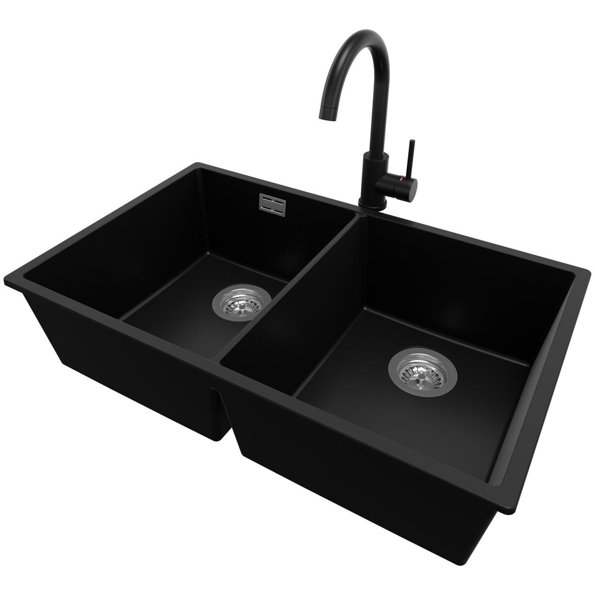 GRANITSPÜLE London Slim Twin, 2-er set Schwarz 76/47 cm 2 Becken + Küchenarmatur 32/20 cm + Ablauf-Set ab 80er Unterschrank - Chromfarben/Schwarz, Kunststoff (76/20/47cm) - Primagran