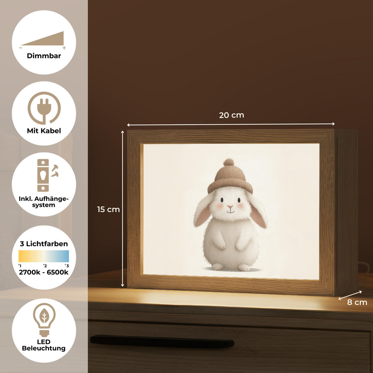 NACHTTISCHLAMPE Kaninchen - Hut - Ohren - Beige 20x15 cm - Creme, Holzwerkstoff (8/20/15cm)