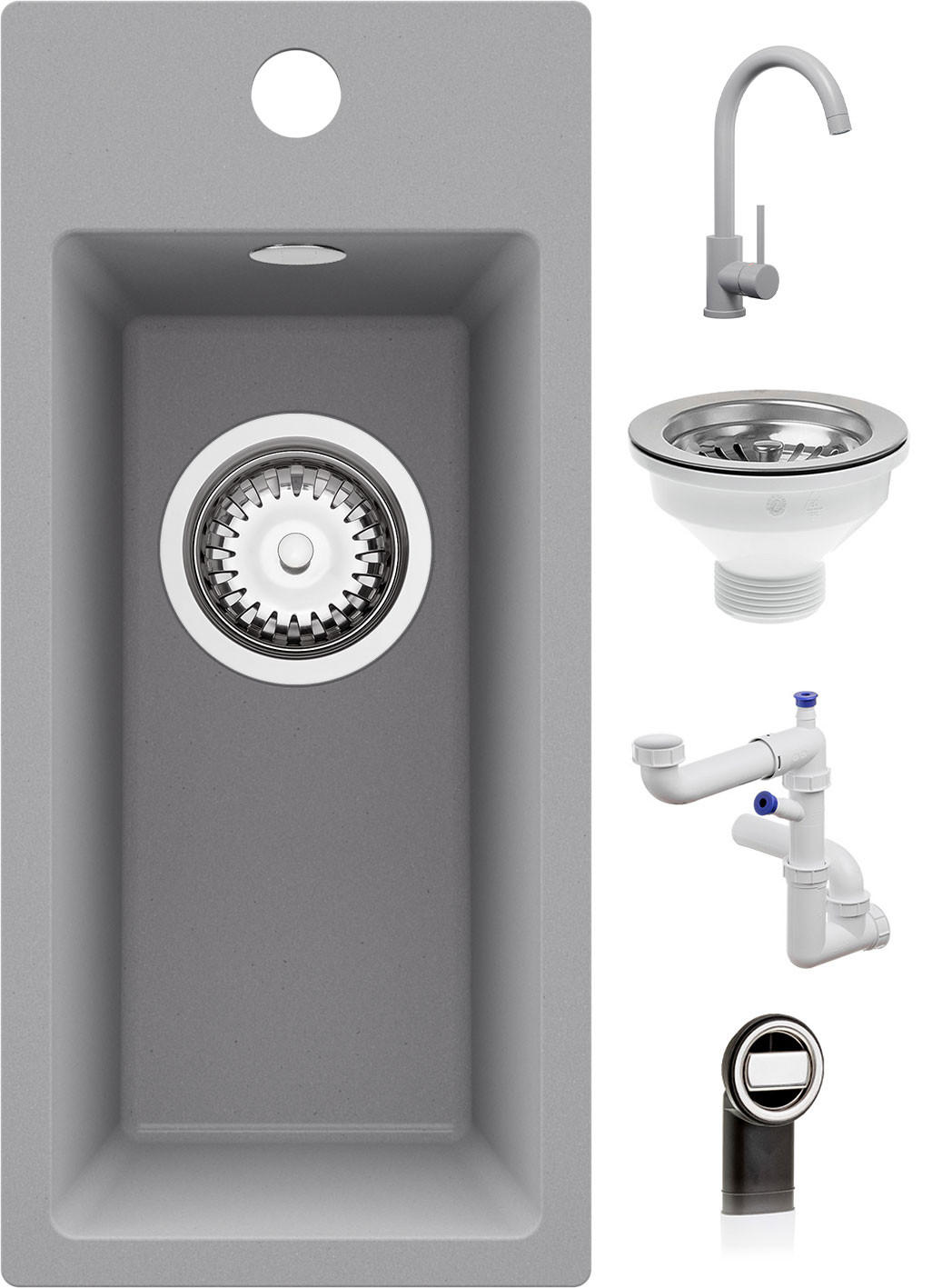GRANITSPÜLE - Riga, 3-er set Grau 23/50 cm, 1 Becken + Küchenarmatur 32/20 cm + Ablauf-Set ab 25er Unterschrank - Grau, Kunststoff (23/200/500cm) - Primagran