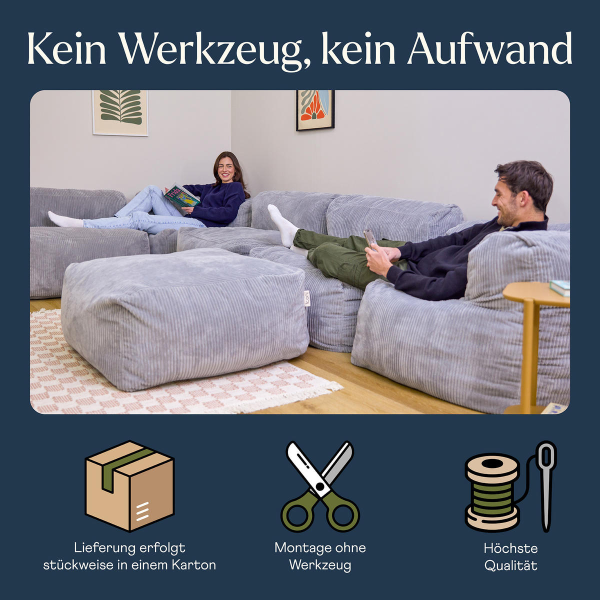 SITZSACK-SOFA 6-tlg. ZEN: 2 Ecksessel, 3 Sessel, Fußstütze - Grau, Textil (450/68/100cm) - icon