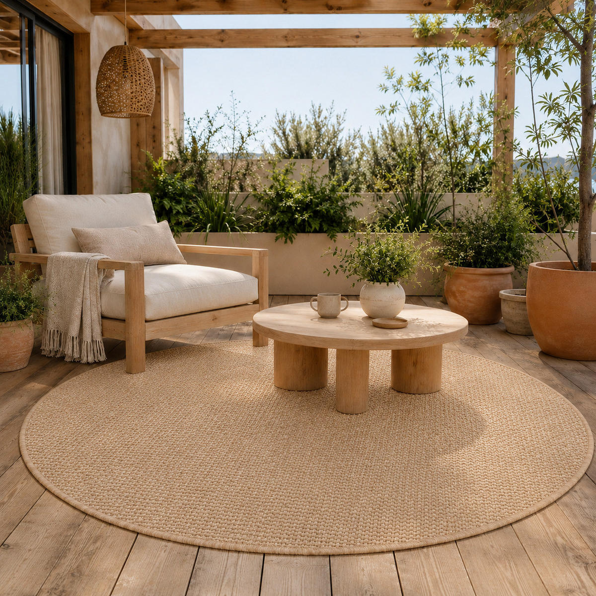 IN- & OUTDOOR FLACHGEWEBE TEPPICH PORTO RUND - Sandfarben, Textil (200/200cm) - Snapstyle