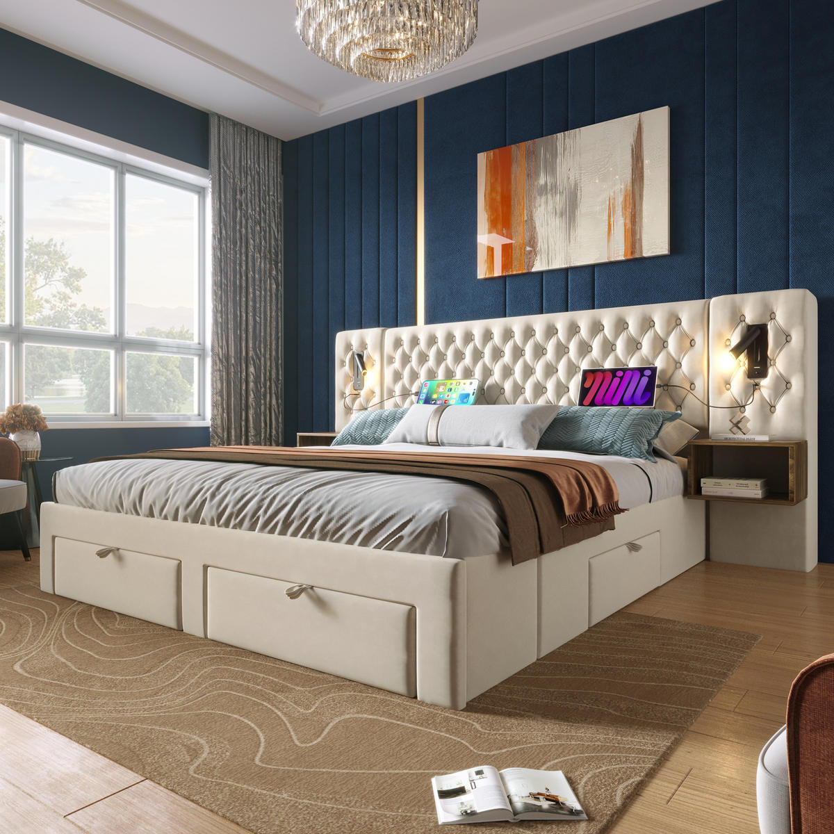 POLSTERBETT 160/200 cm Beige aus Samt mit 2 Nachttischen und 4 Schubladen - Beige, Textil (160/200cm) - OKMYHOME