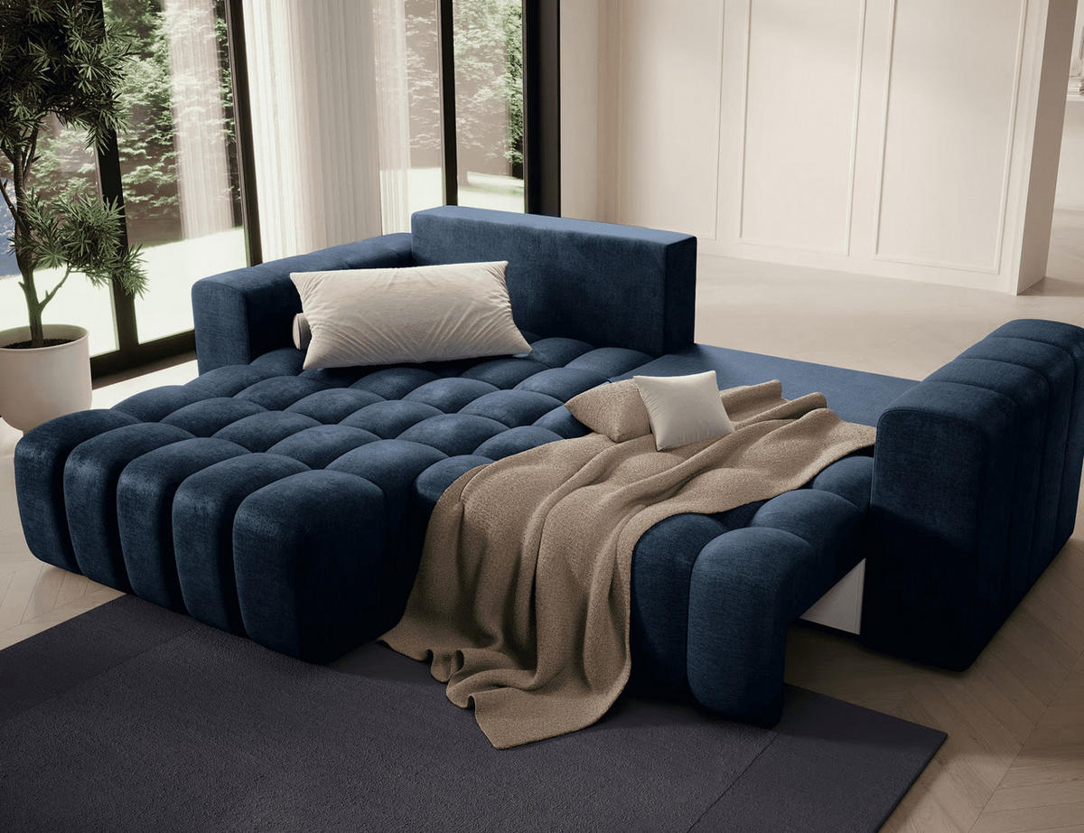 ECKSOFA mit Schlaffunktion und Bettkasten, Velours-Stoff - Schwarz/Dunkelblau, Textil (250/175cm) - Eltap