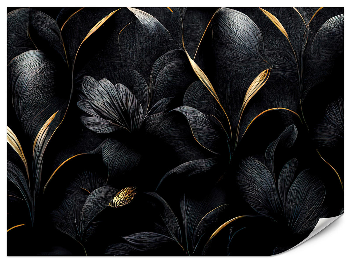 FOTOTAPETE für Wohnzimmer Schwarze Blätter Gold Luxus 400x280 - Goldfarben/Schwarz, Papier (400/280cm) - Muralo