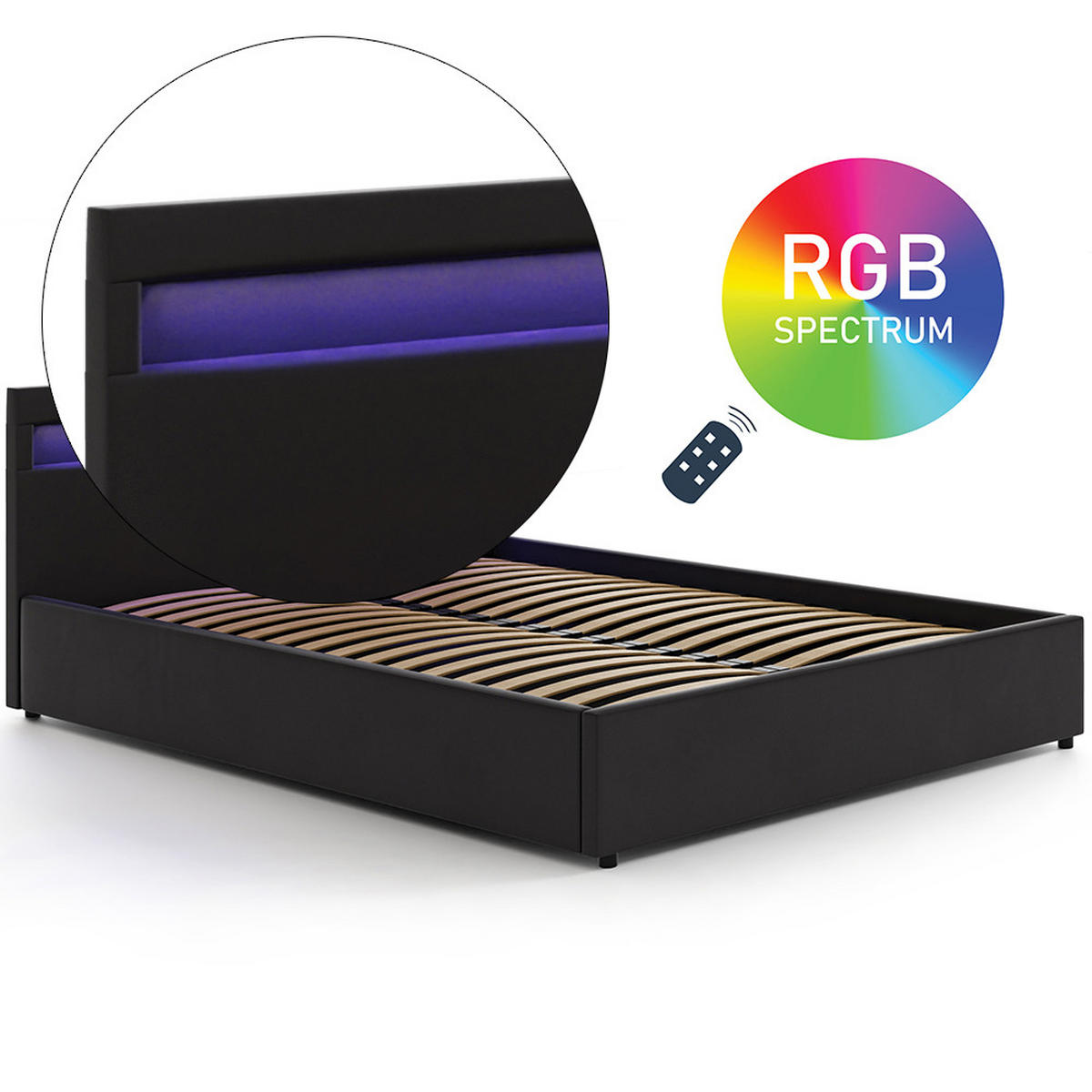 POLSTERBETT 140×200 mit Bettkasten und Lattenrost Nira Öko-Leder schwarz LED - Schwarz, Holz (140/200cm) - Jana