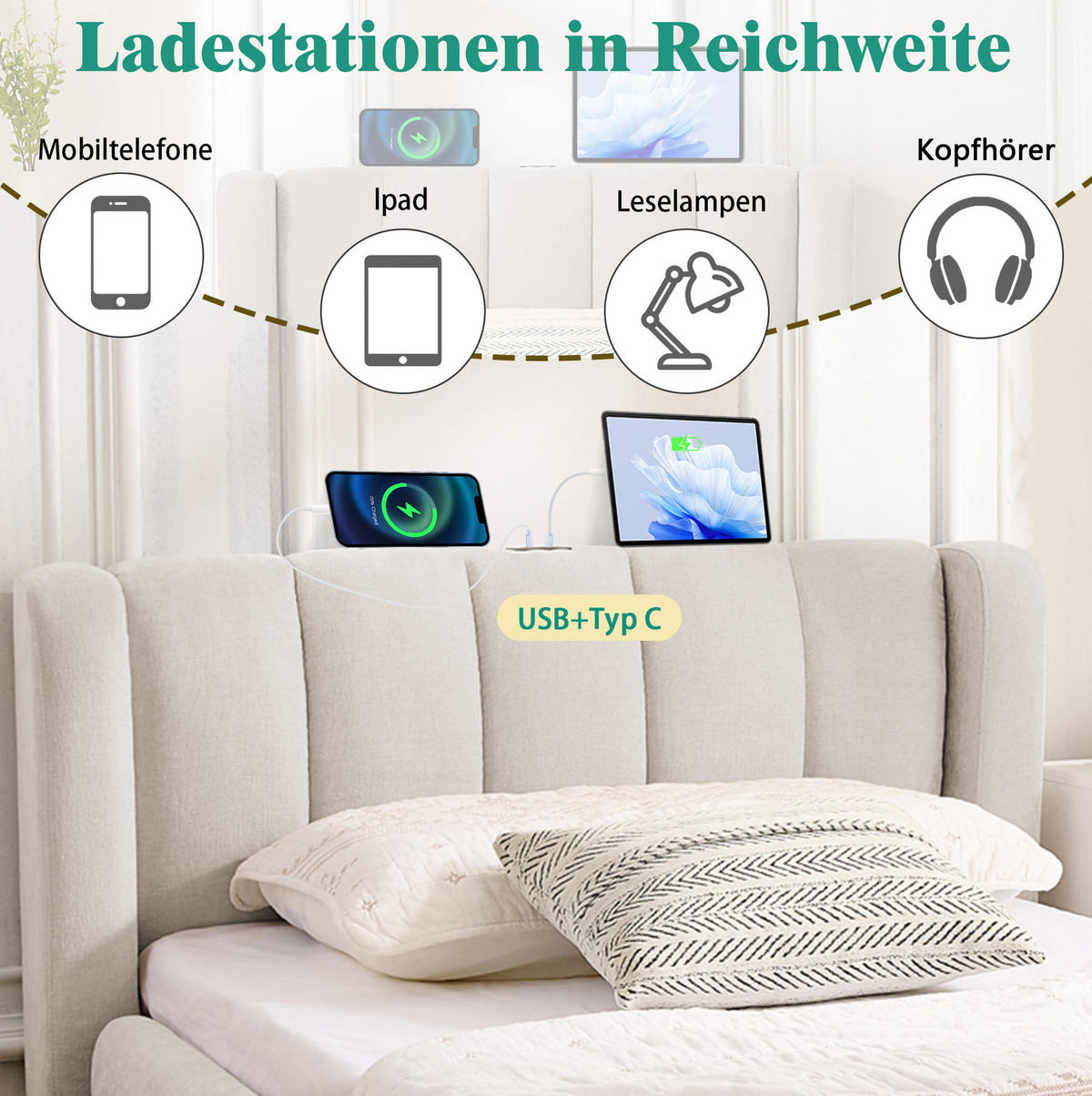 POLSTERBETT 90/200 cm in Beige mit Schubladen und USB- sowie Type-C-Anschlüssen - Beige, Textil (90/200cm) - Flora Grace
