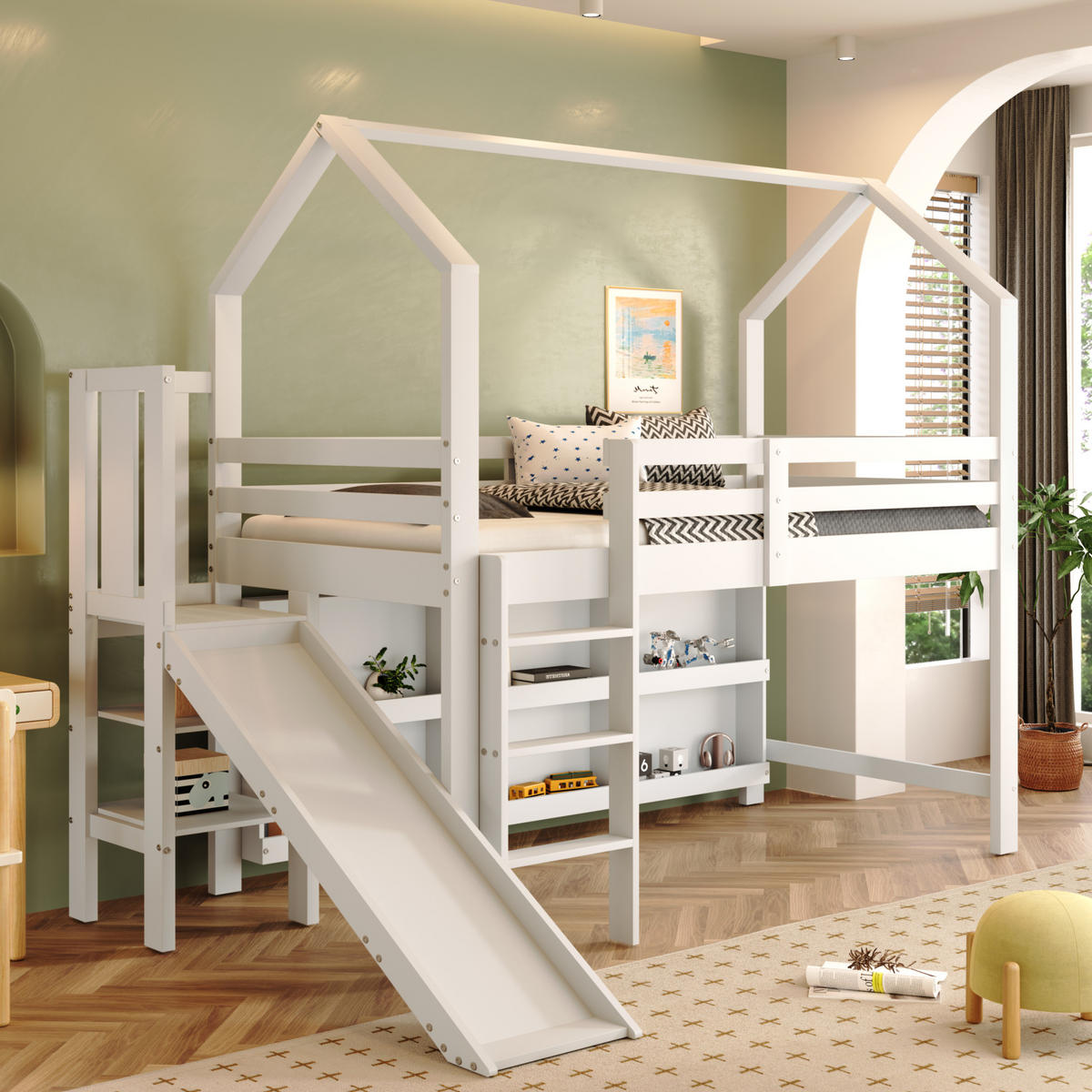KINDEREINZELBETTEN aus Massivholz und MDF 90x200 cm in Weiß mit Rutsche & Stauraum - Weiß, Holzwerkstoff (90/200cm) - Modfu
