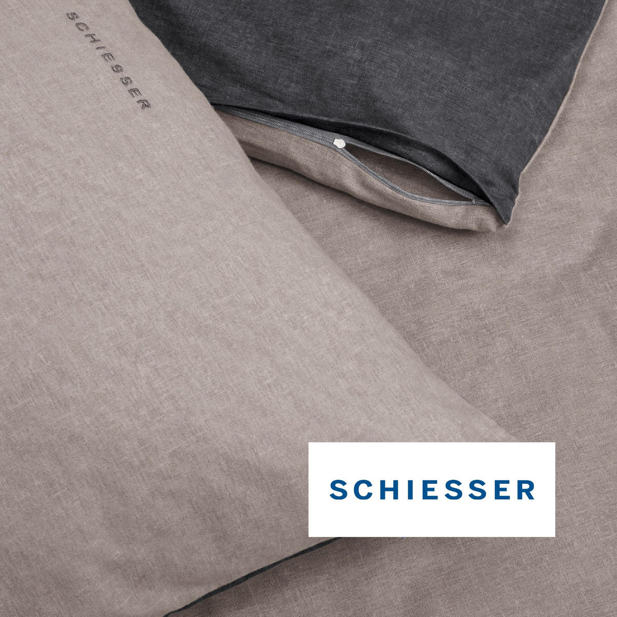 BETTWÄSCHESET Doubleface - Feinbiber - 2-teilig - 135 x 200 cm - Taupe-Schwarz - Schwarz, Textil (155/220cm) - SCHIESSER