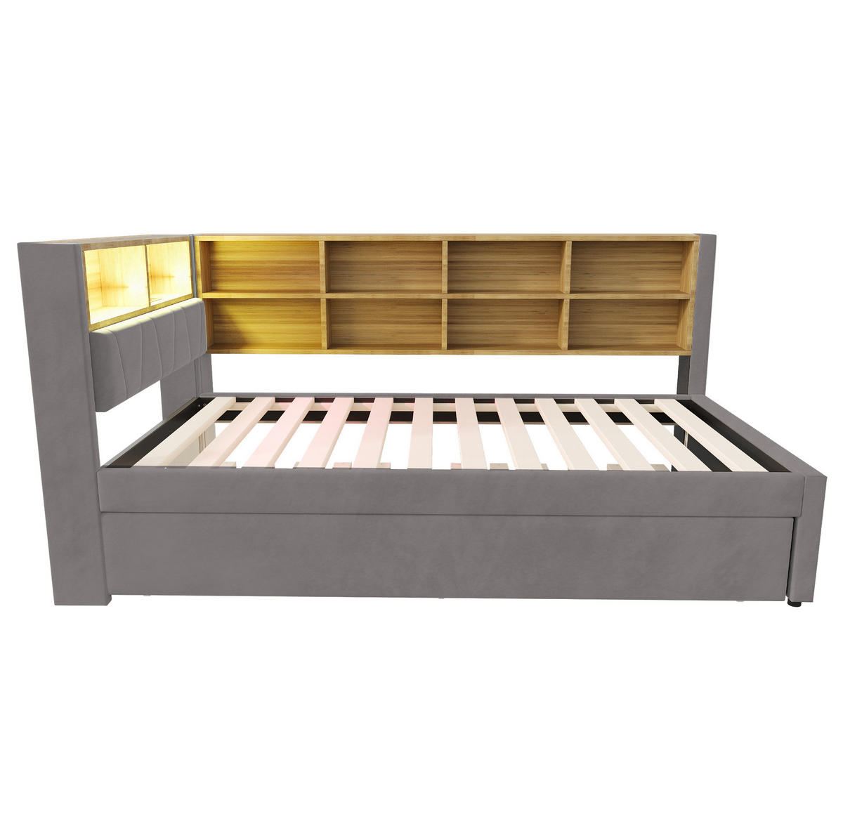 BETT 90/200 cm mit Ausziehbett, LED und Stauraum in Dunkelgrau - Dunkelgrau, Textil (90/190cm) - BEAOK